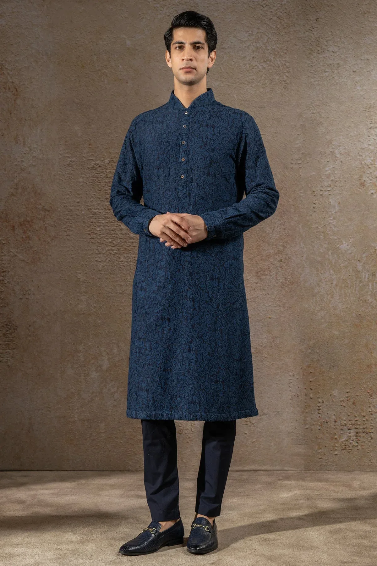 Golden Light Zardozi Embroidered Open-Neck Sherwani Set by Tarun Tahiliani