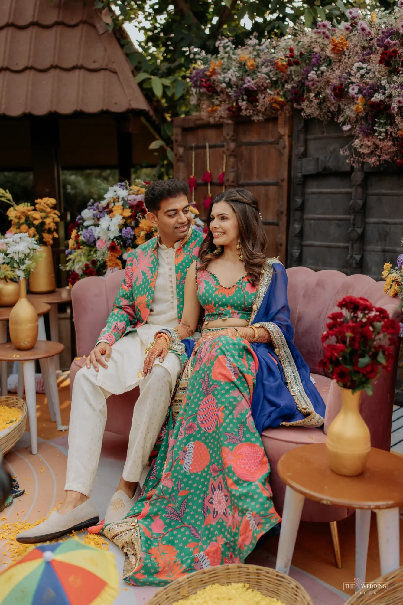 Ayushi & Anish in Boho Lehanga & Jade Emrald Set by Rishi and Vibhuti