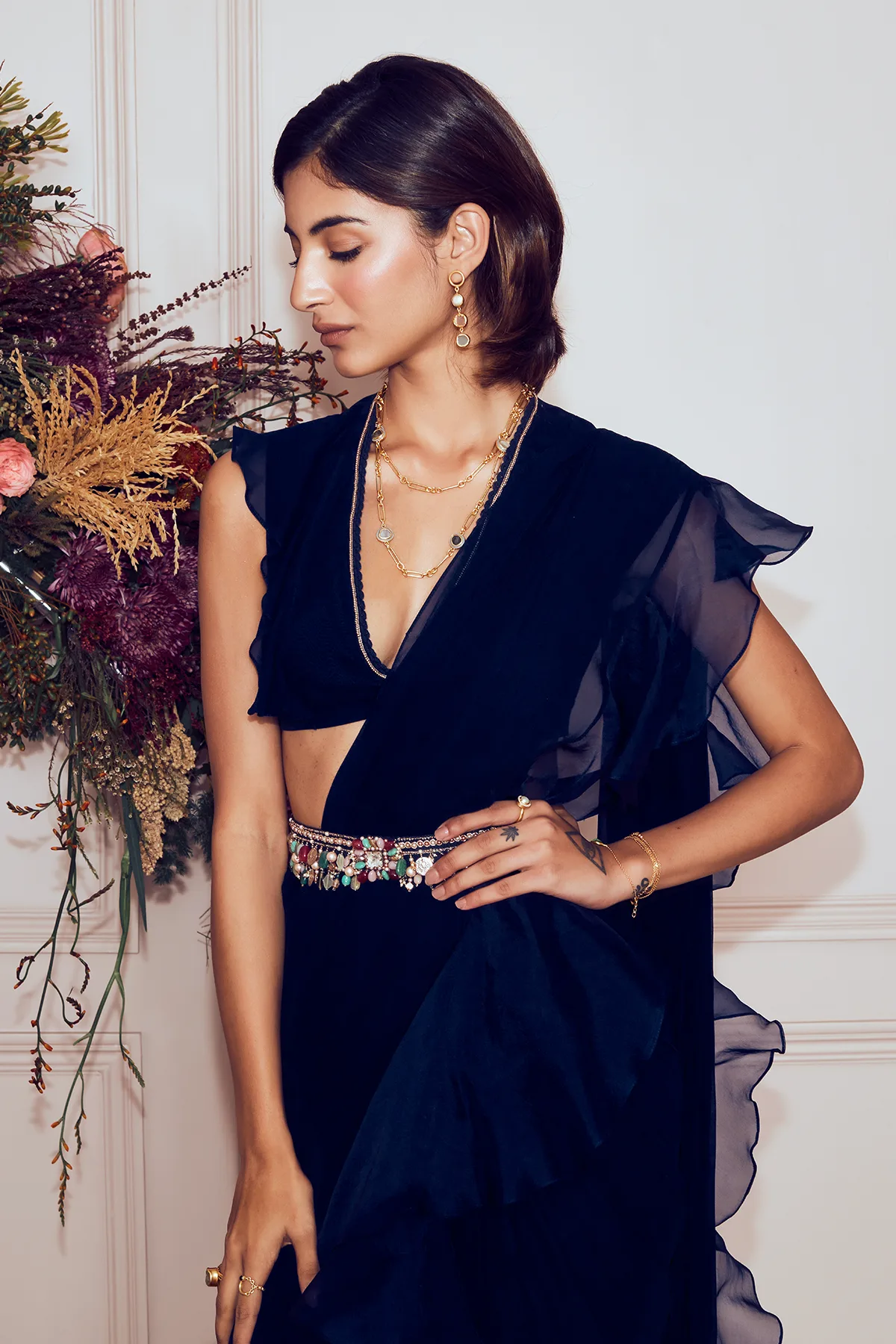 Annika by Ridhi Mehra, navy sari, view 3