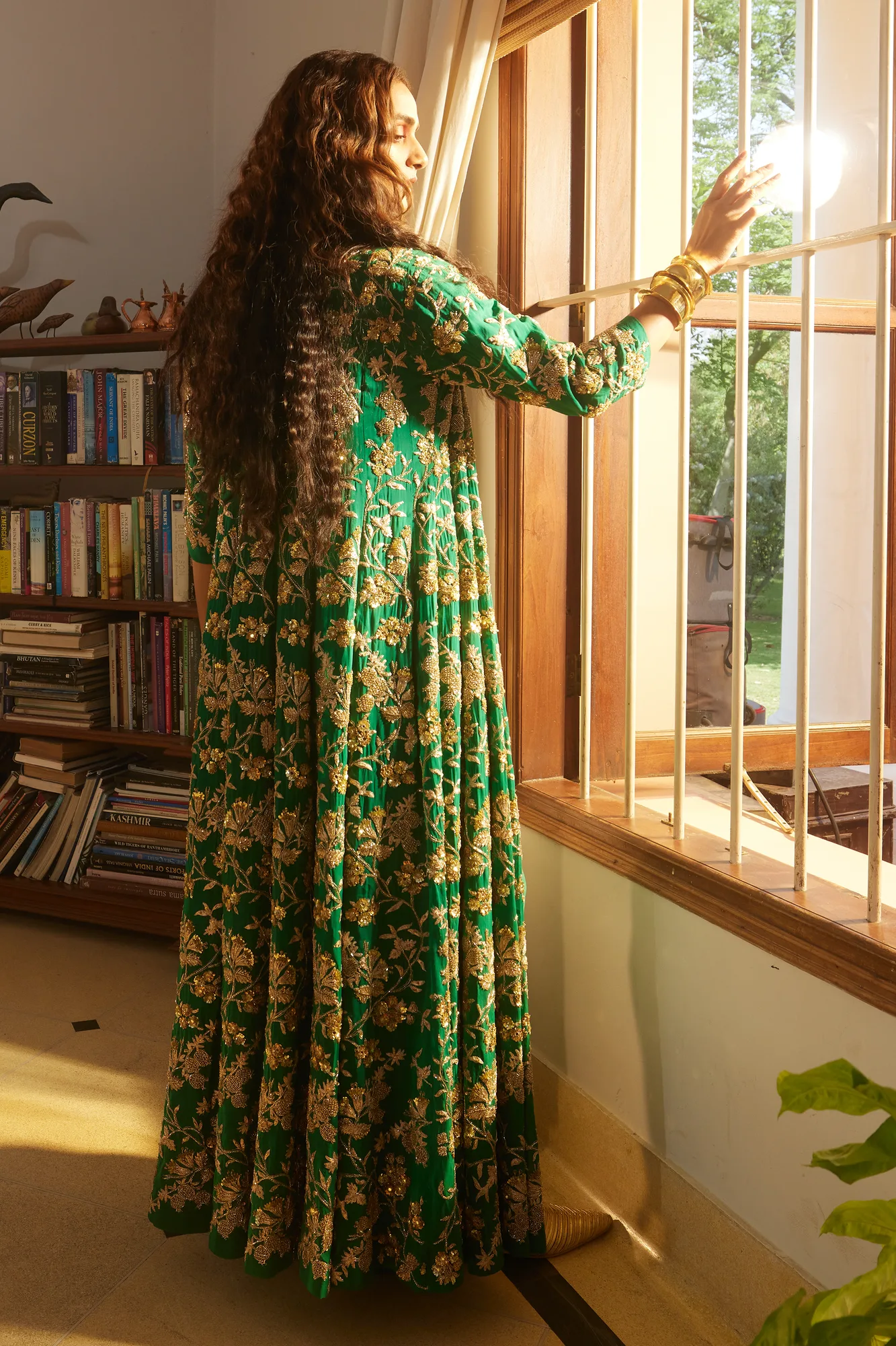 Irene Jacket Set by Paulmi And Harsh in emerald green, view 3