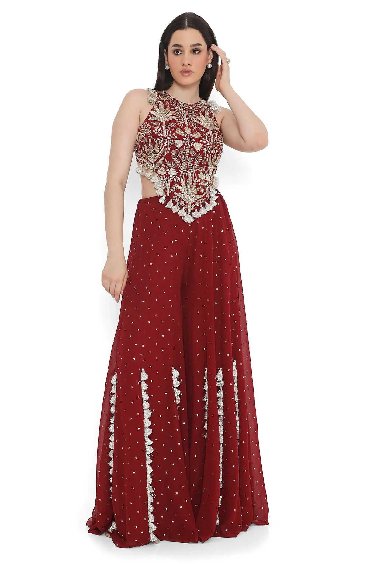 Maroon Embroidered Back Tie-Up Choli With Sharara by Payal Singhal