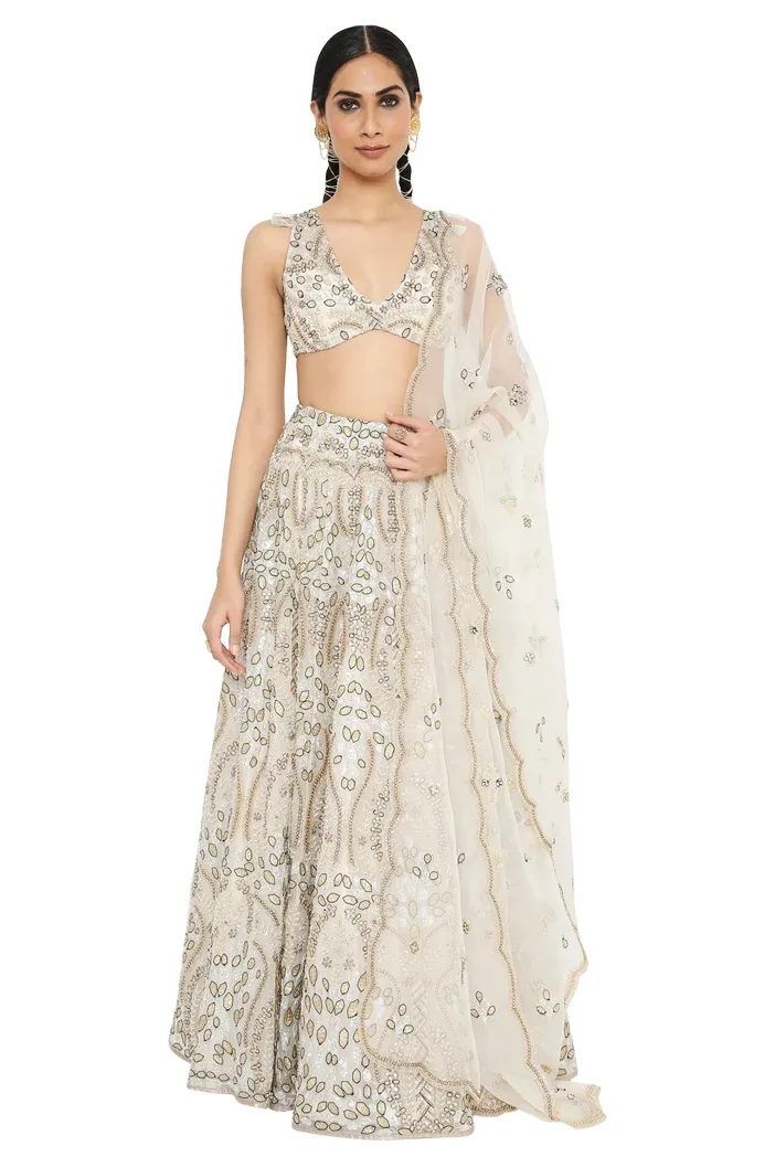 Aalaya Off White Colour Embroidered Choli with Lehenga and Dupatta by Payal Singhal