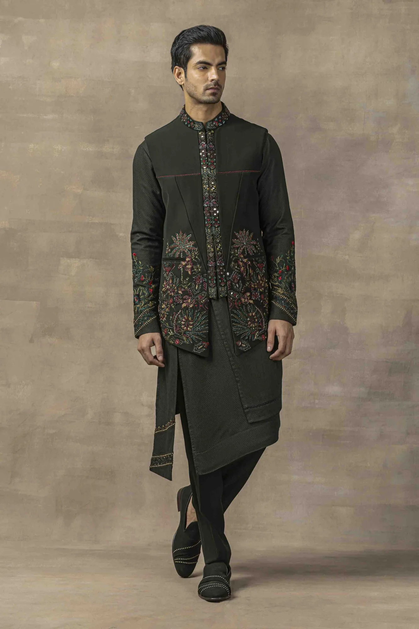 Forest Green Waistcoat With Panel Kurta And Pants by Sarab Khanijou
