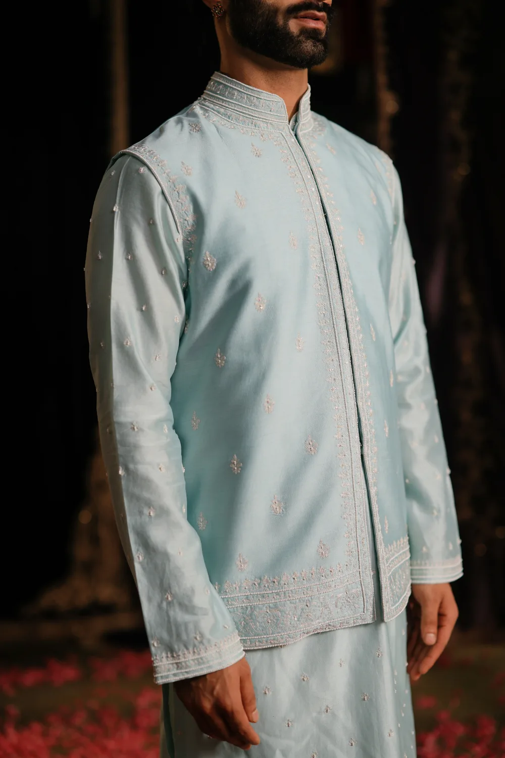 Junaid Jacket Set by Jigar Mali in aqua blue, view 2