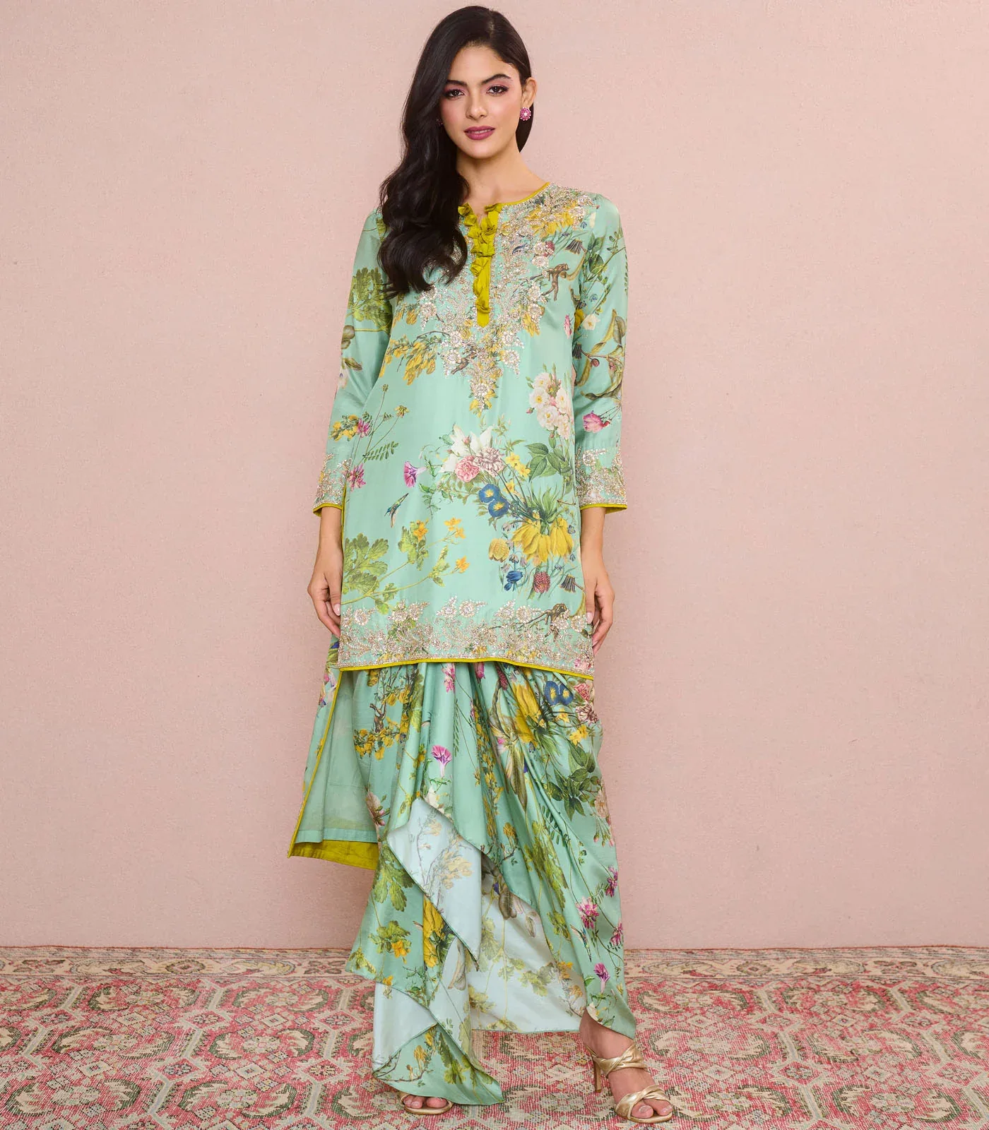 Sea Green Printed Astra High Low Kurta Set by Anushree Reddy