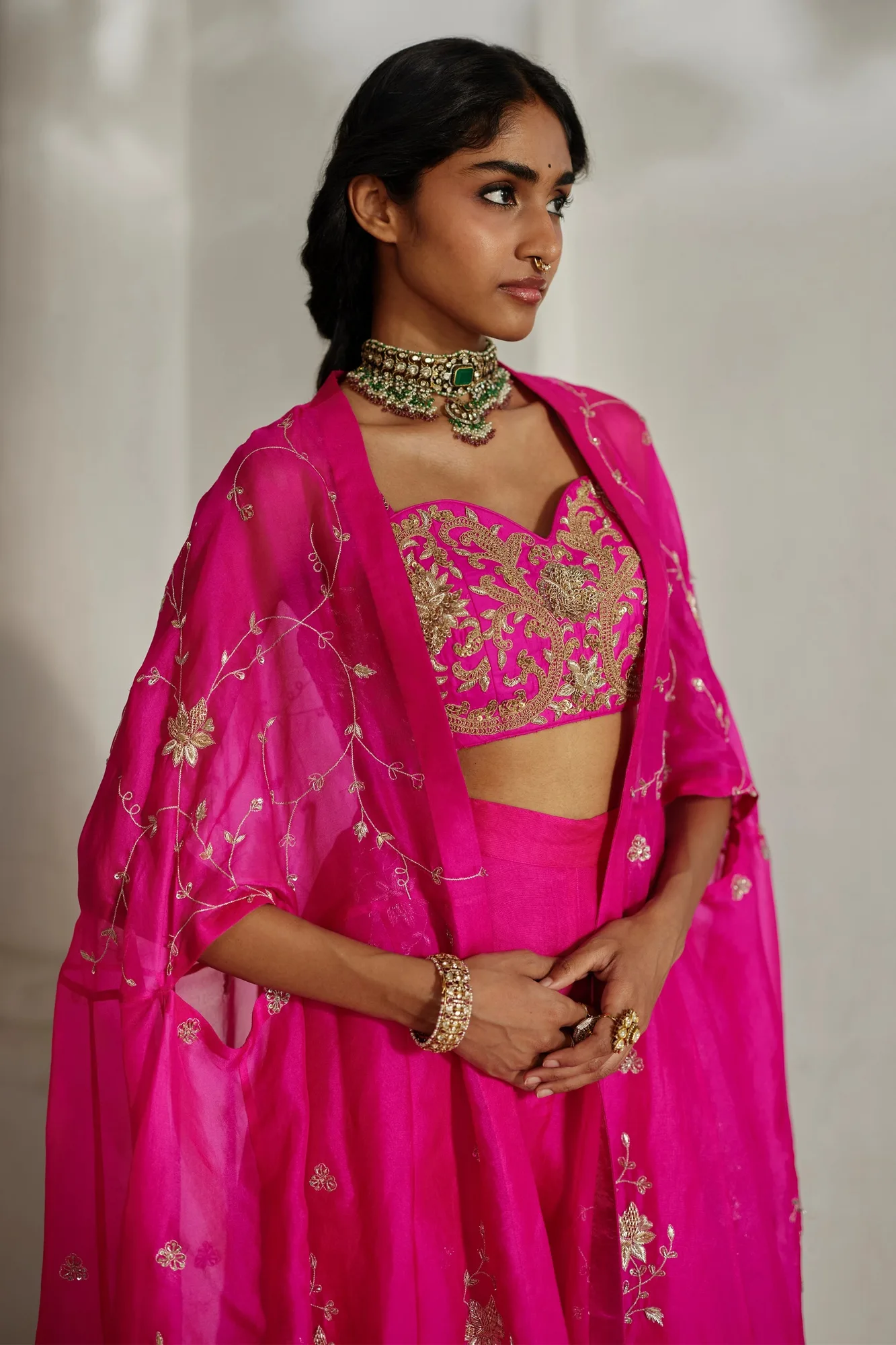 Ari Cape Palazzo Set by Paulmi And Harsh, hot pink cape set, view 4
