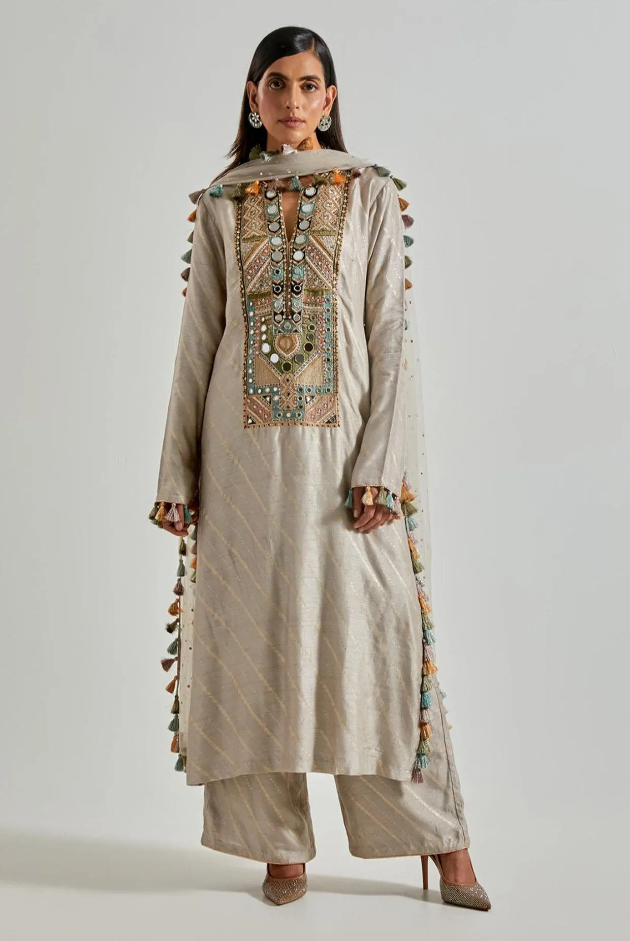 Grey Dola Silk Kurta with Pants & Net Dupatta by Payal Singhal