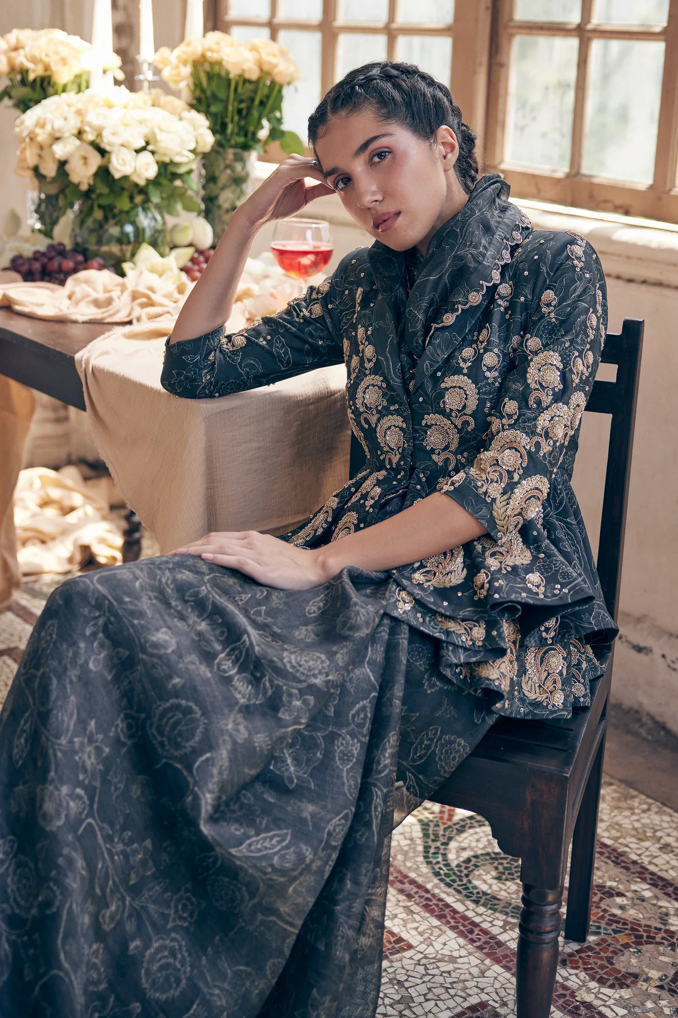 Faye Saree Jacket Set by Paulmi And Harsh in black, view 3