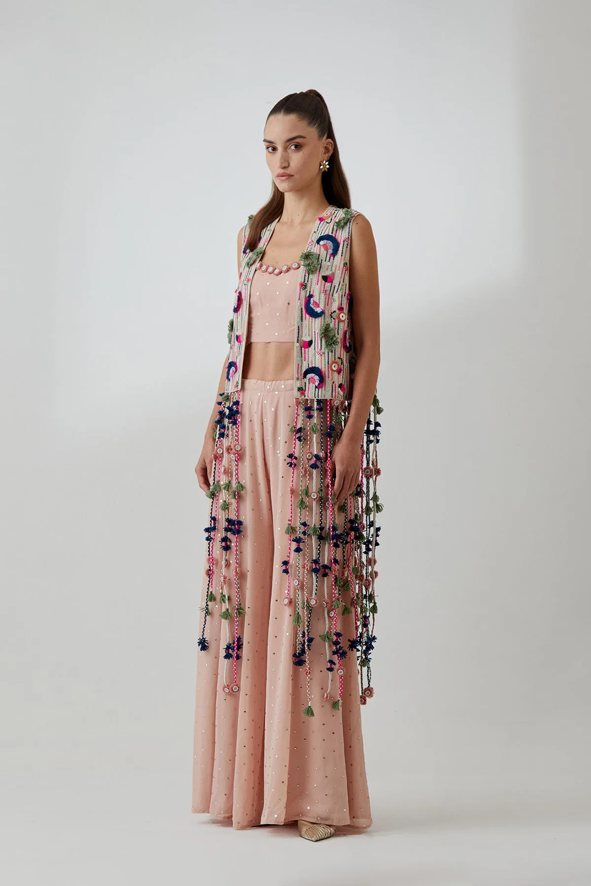 Stone Georgette Embroidered Jacket With Blush Pink Mukaish Georgette Bustier And Sharara by Payal Singhal, view 3
