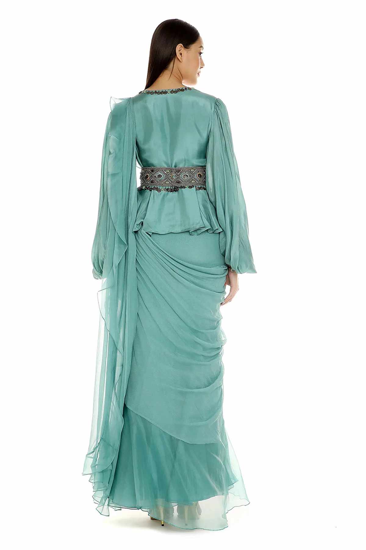 Anera by Ridhi Mehra, teal sari, view 3