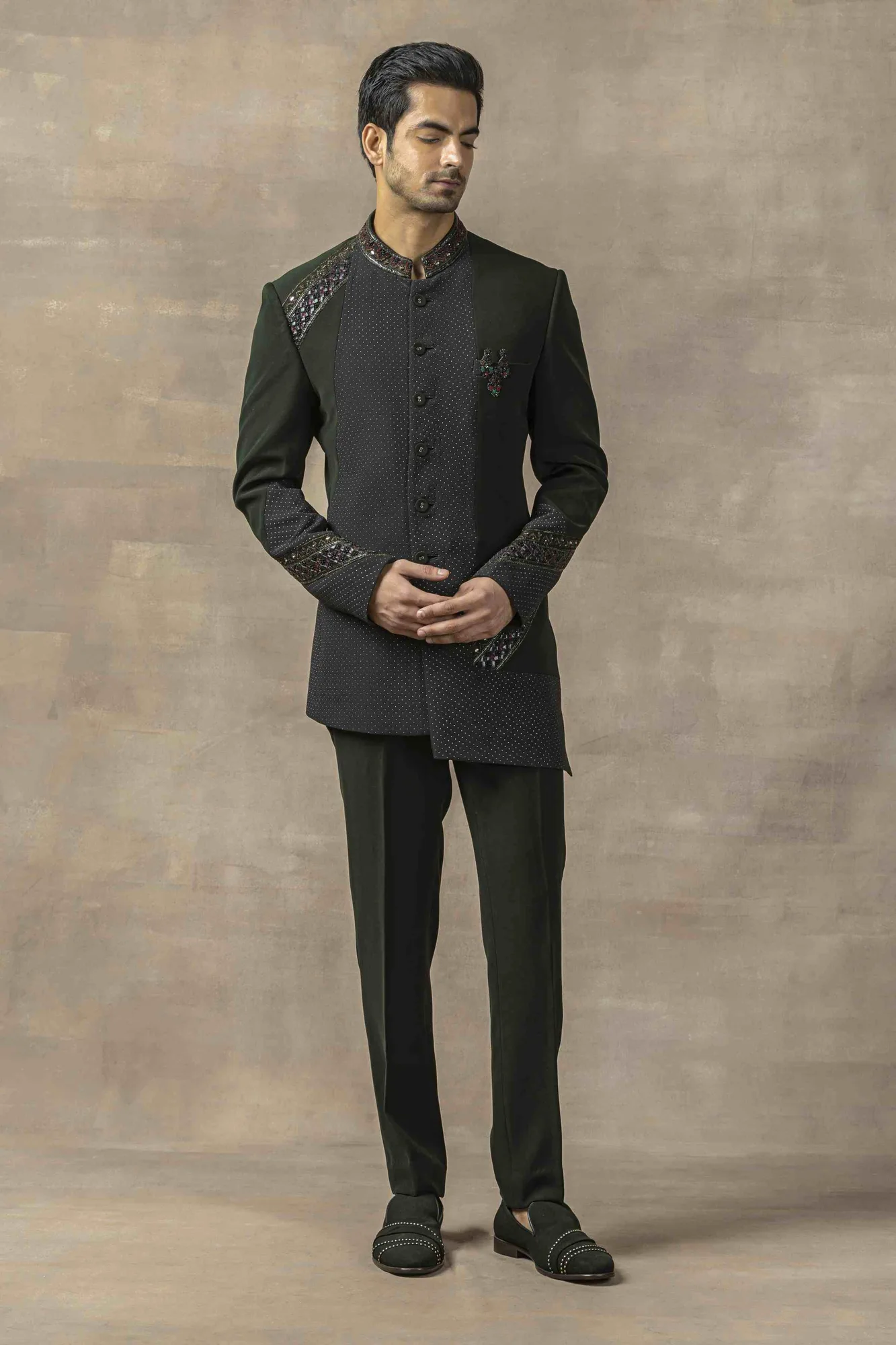 Forest Green Bandhgala With Pearl Work by Sarab Khanijou