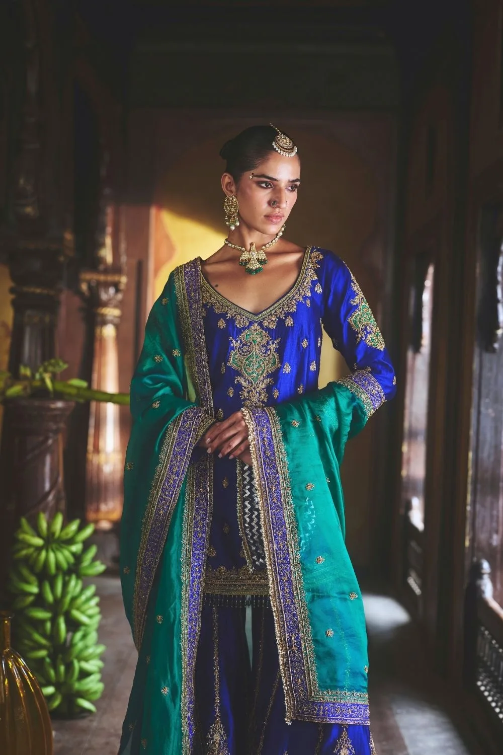 Aadhya Sharara Set by Jigar Mali in peacock blue, view 4
