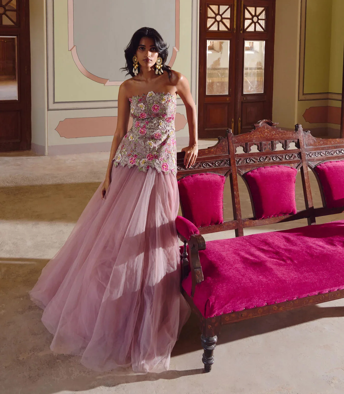 Pink Umang Tube Peplum Top with Skirt by Anushree Reddy