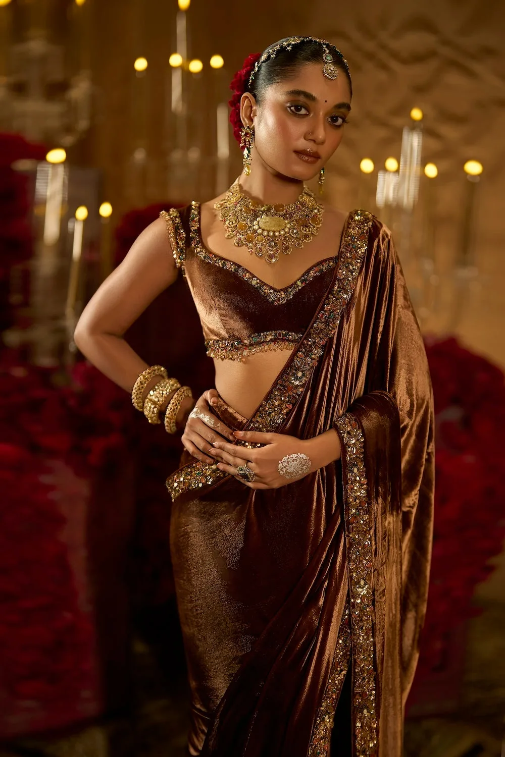 Coffee Brown Pre-Stitched Velvet Saree by Seema Gujral