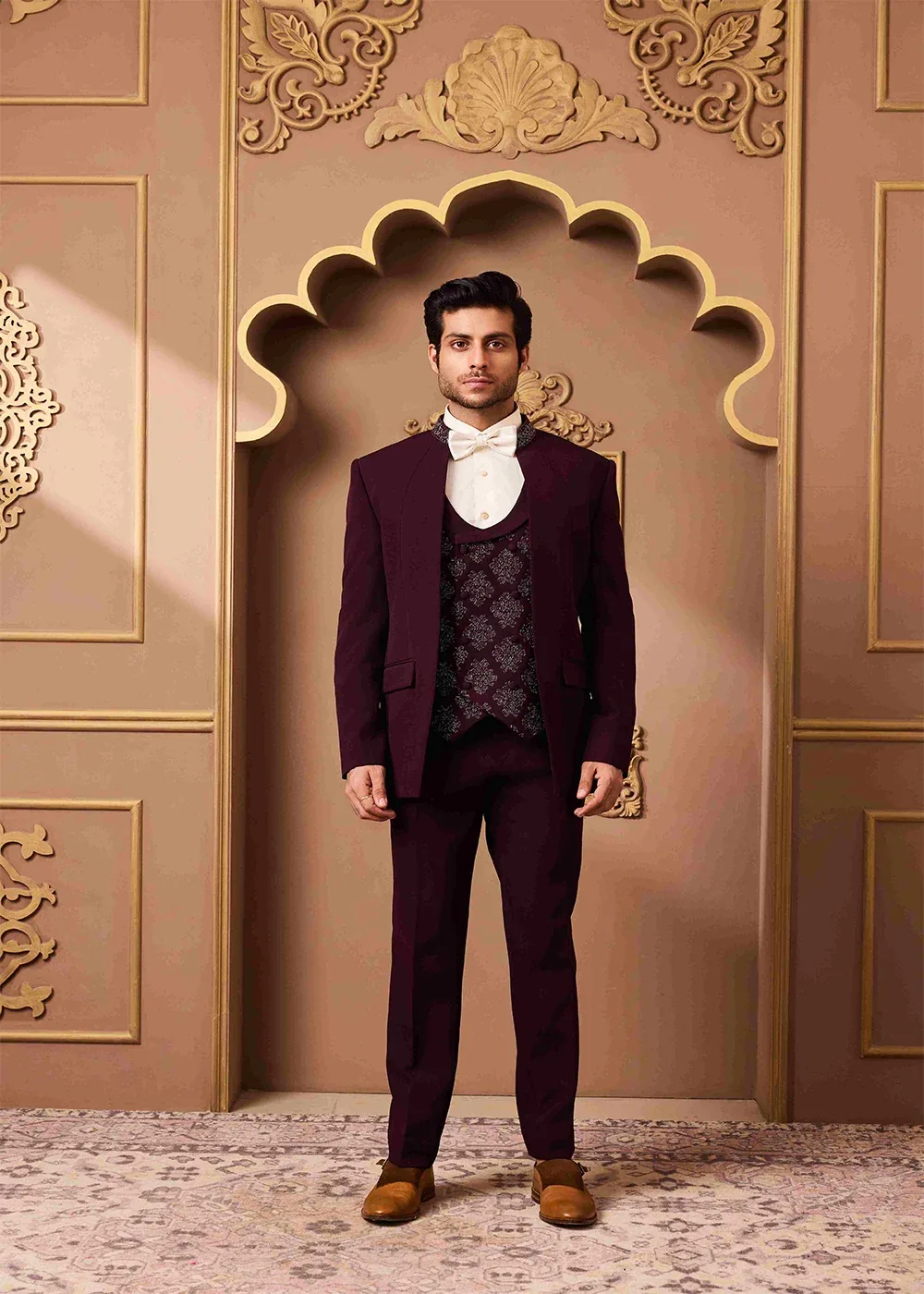 Burgundy Tuxedo Pant by Nitika Gujral