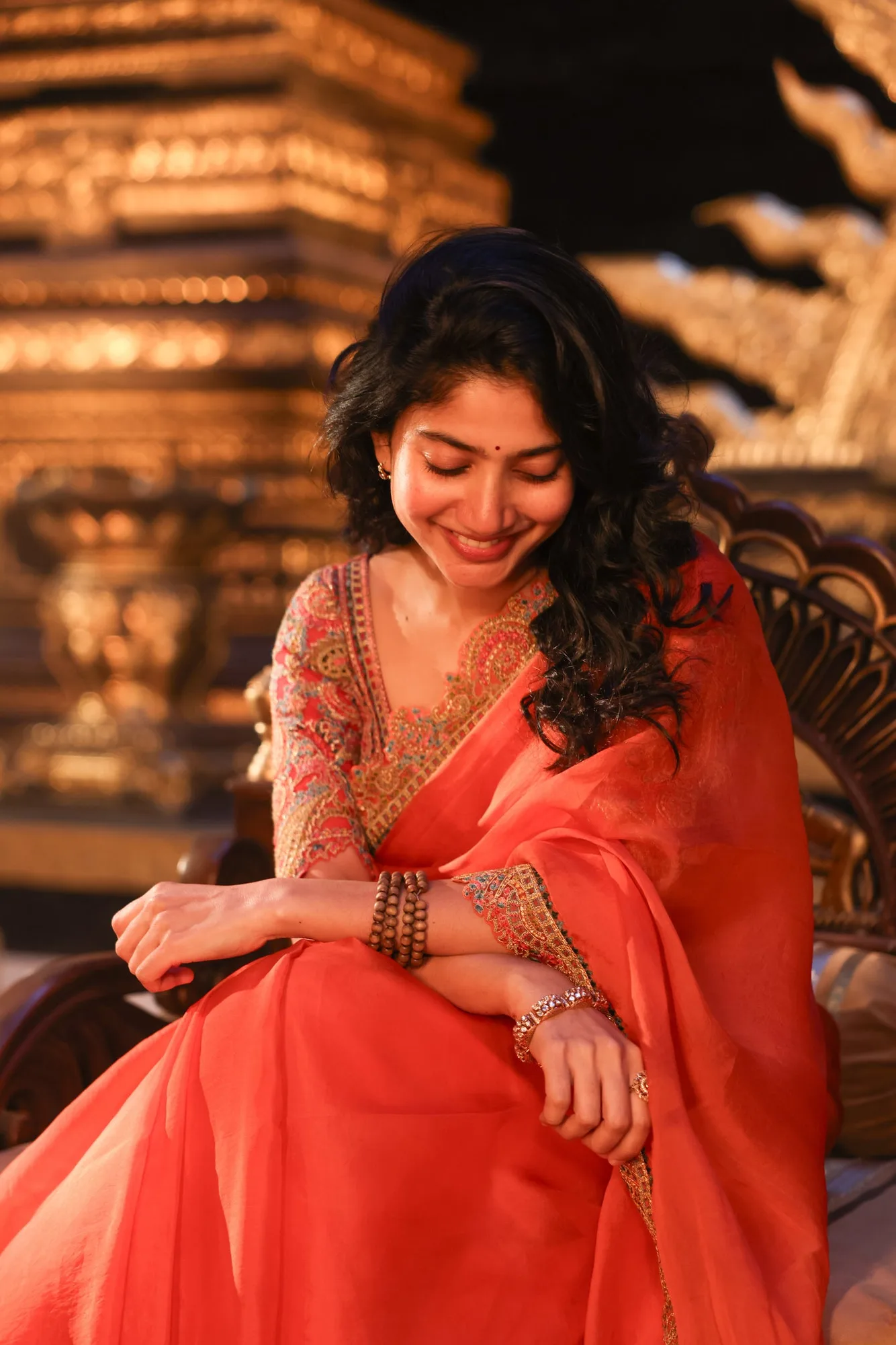Sai Pallavi in Mridula Organza Saree by Dolly J in rust, view 3