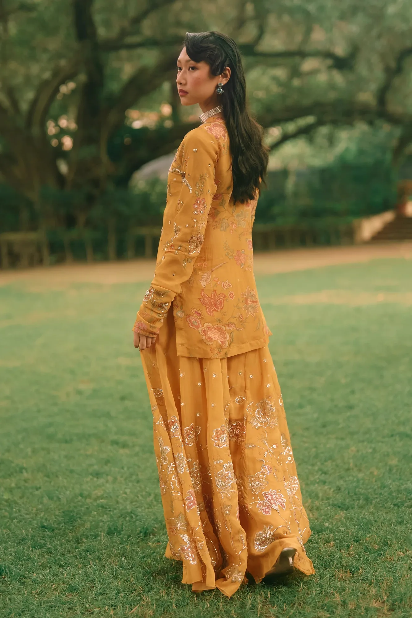 Leonara Kurta Set by Paulmi And Harsh in mustard, view 3
