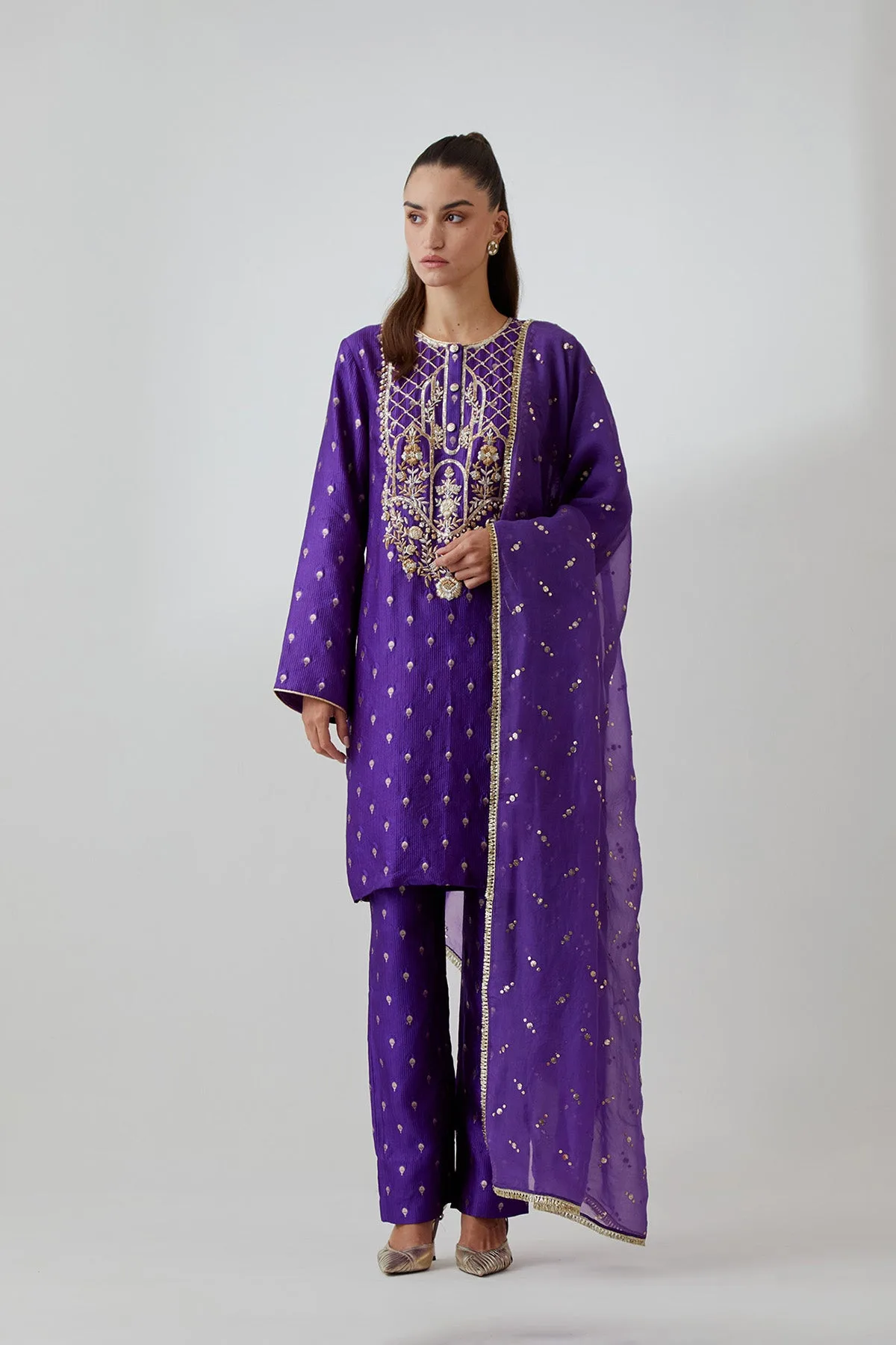 Purple Banarasi Embroidered Yoke Kurta With Pant And Mukaish Organza Dupatta by Payal Singhal