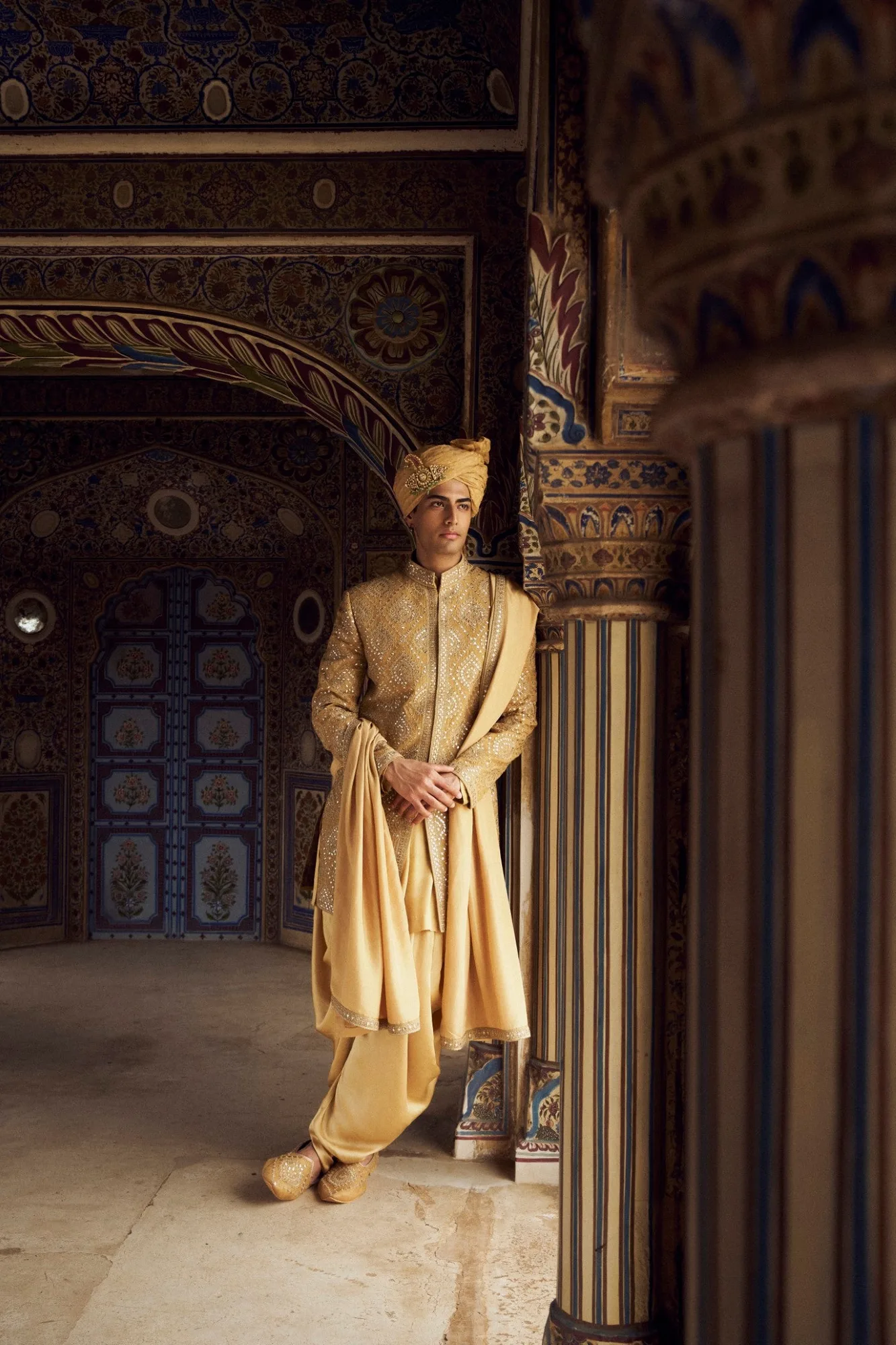 Gold Raw Silk Sherwani Set by Nitika Gujral