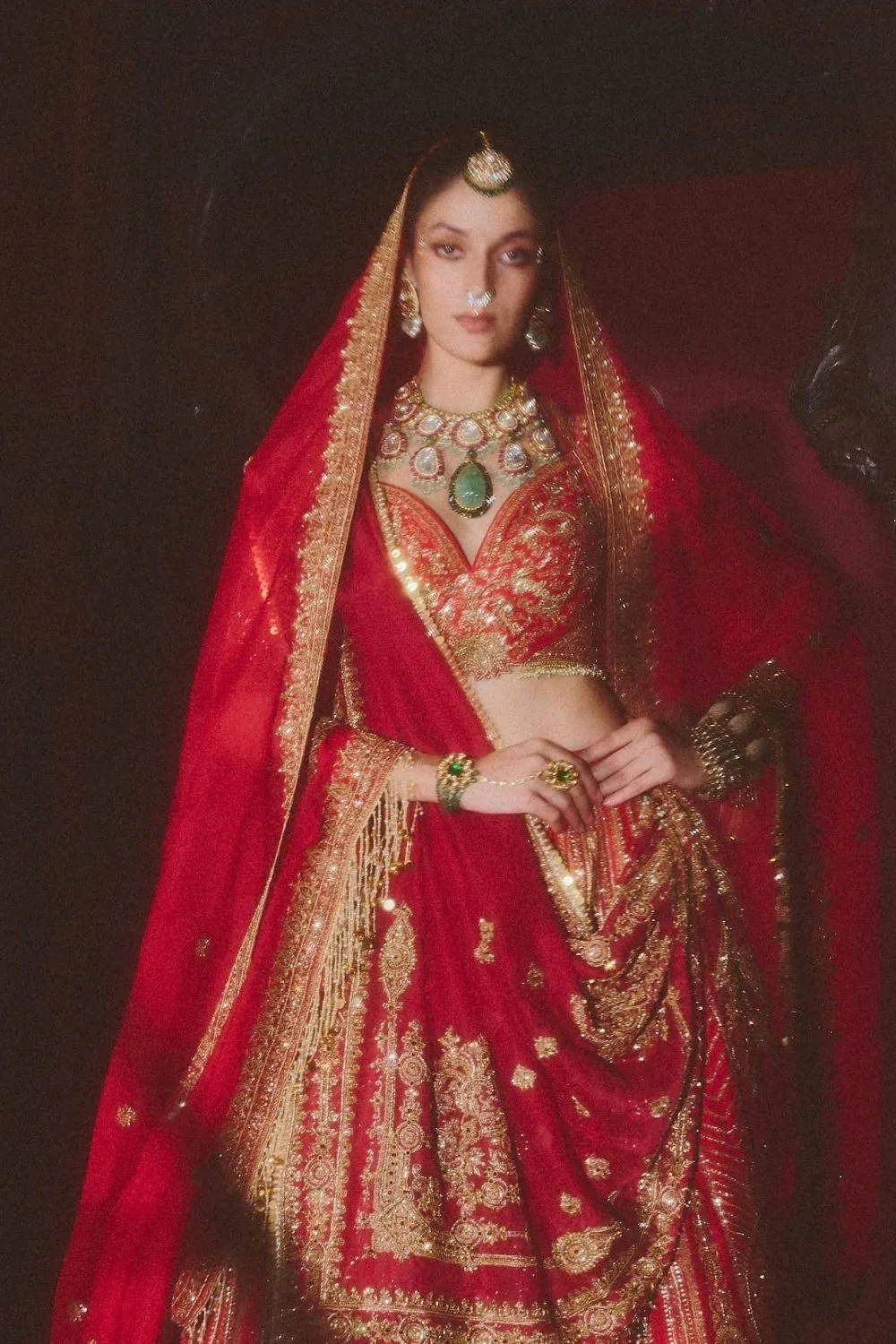 Swarna Lehenga Set by Jigar Mali in red, view 3