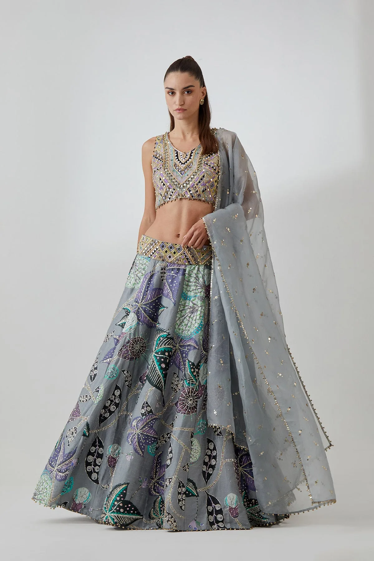 Grey Georgette Embroidered Choli With Abutilon Print Dupion Silk Lifted Lehenga And Mukaish Net Dupatta by Payal Singhal, view 2