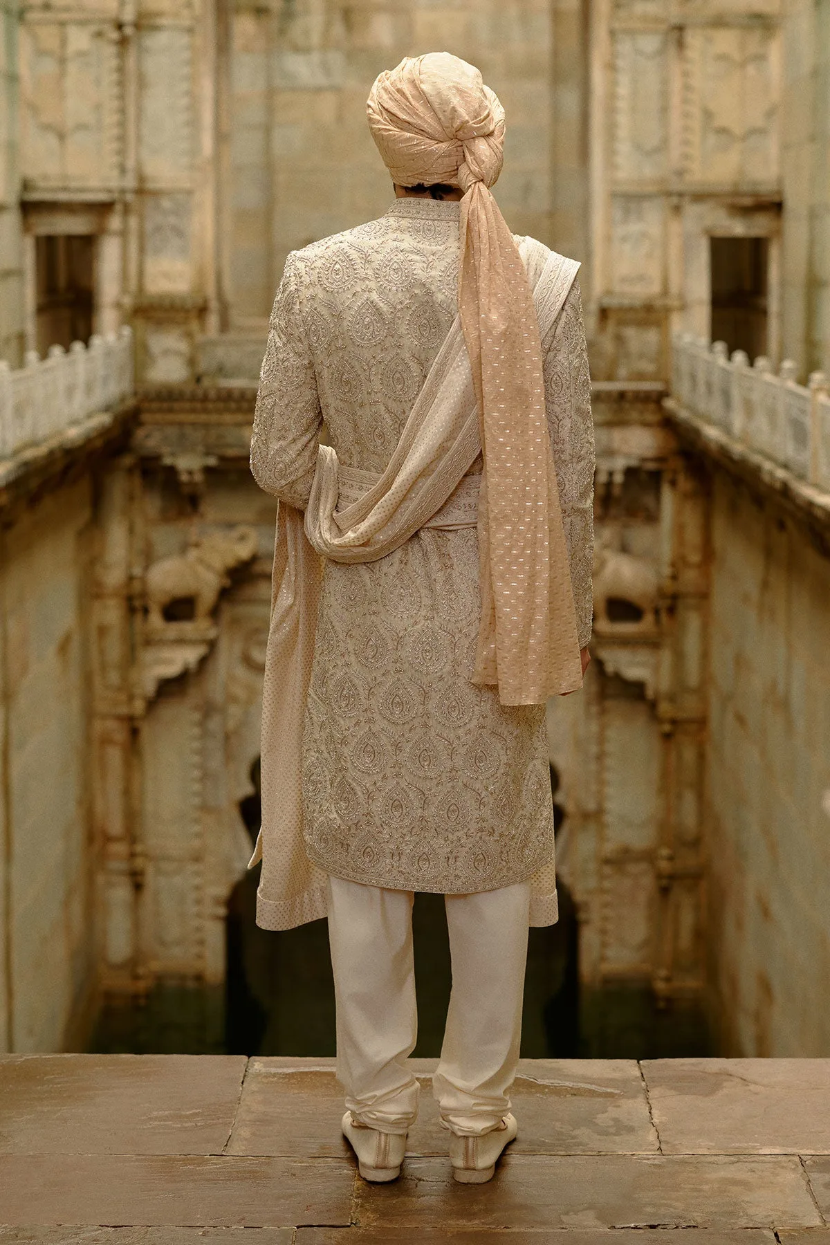 Beige Raw Silk Sherwani Set by Nitika Gujral, view 4