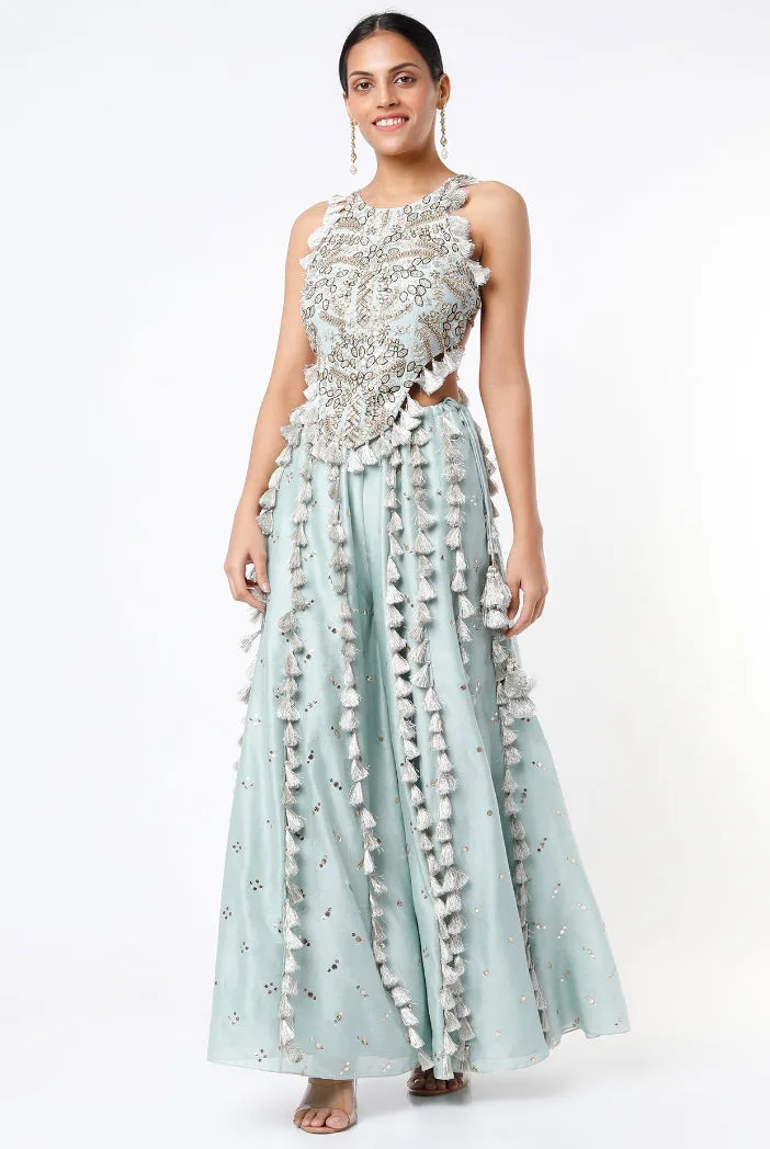 Powder Blue Georgette Embroidered Choli With Mukaish Silkmul Sharara With Tassel Detailing by Payal Singhal