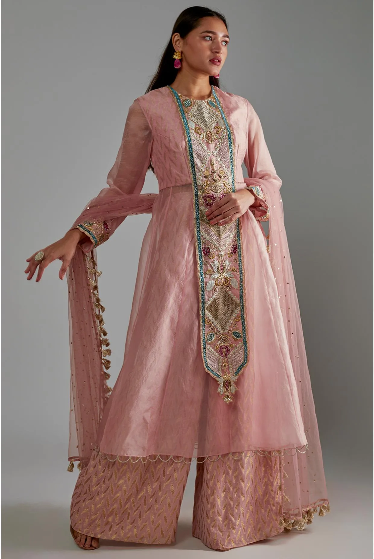 Rose Pink Embroidered Yoke Anarkali With Palazzo & Dupatta by Payal Singhal