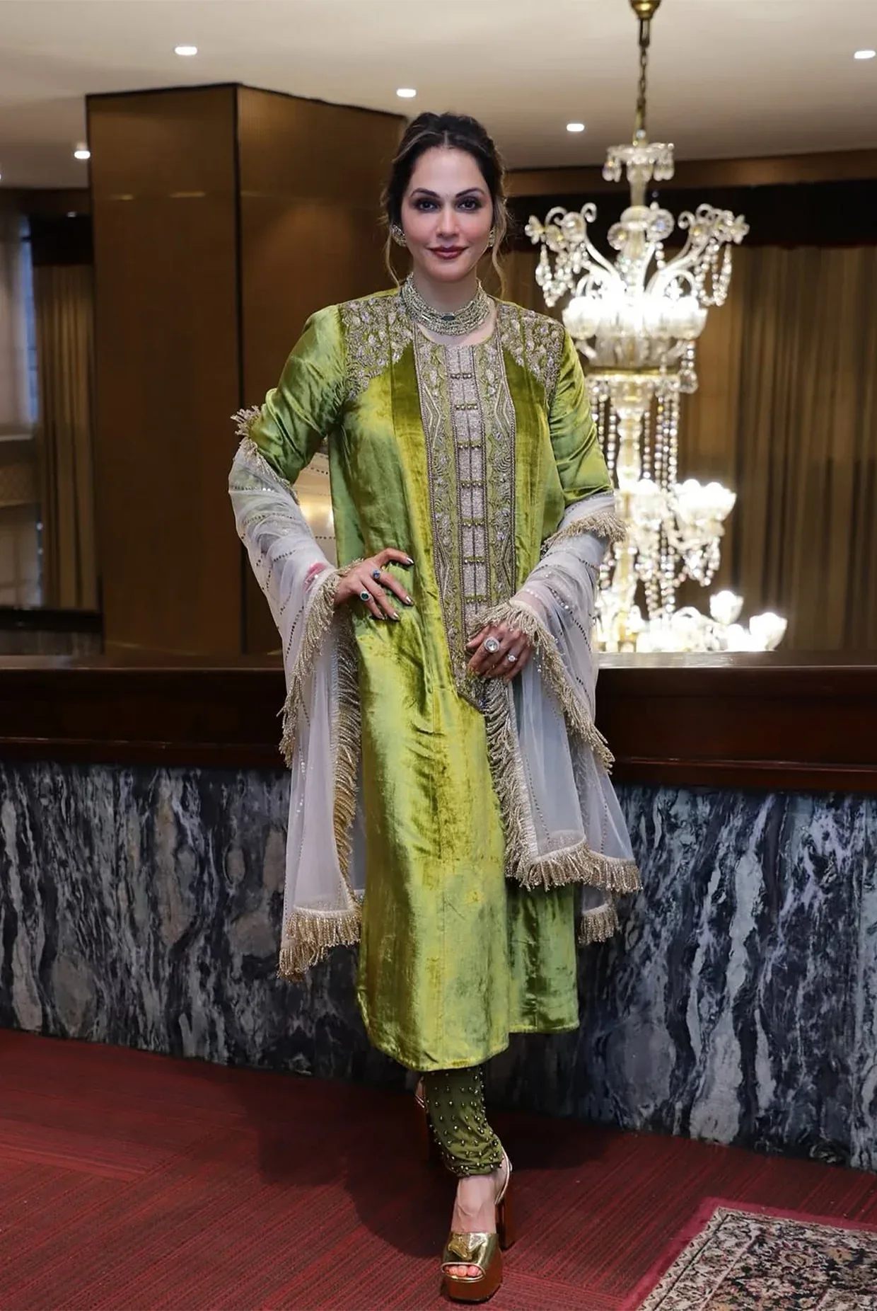 Olive Velevet Embroidered Kurta and Churidar with Net Dupatta by Payal Singhal