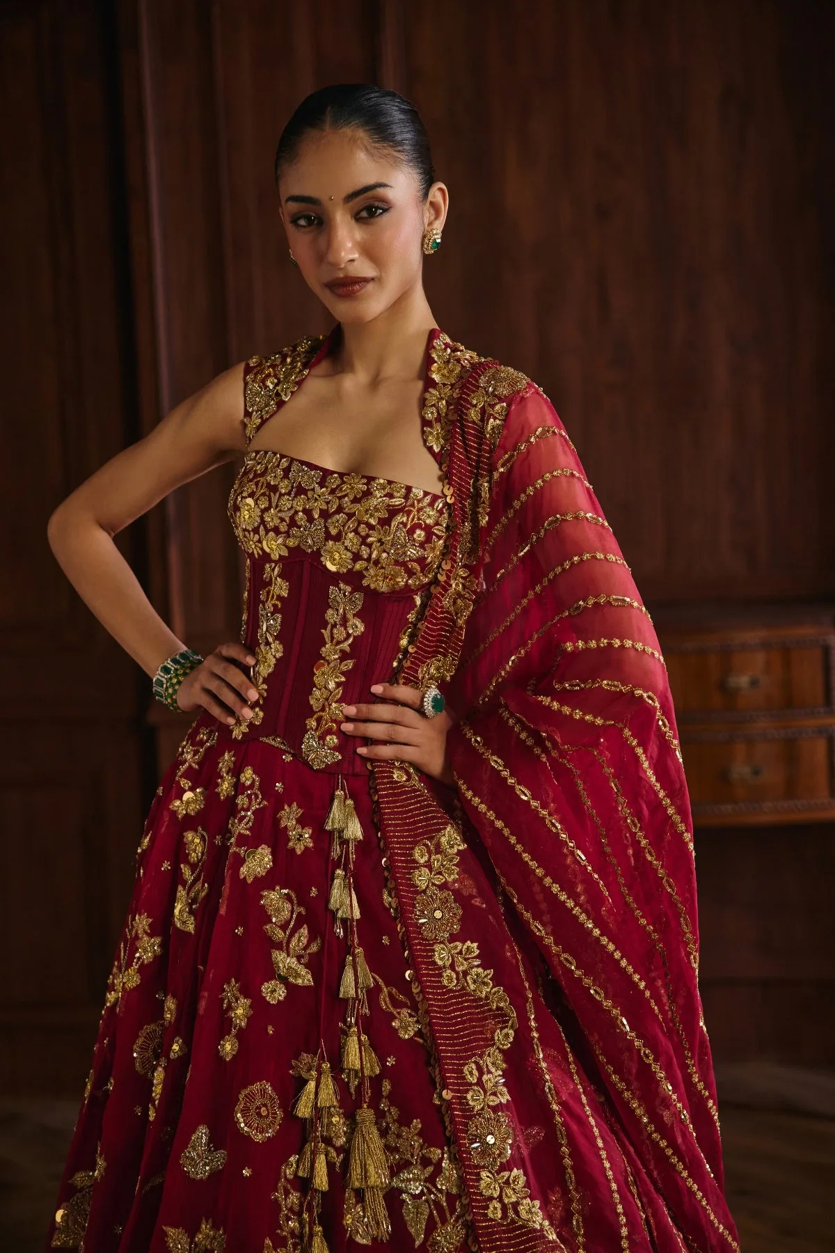 Rukmani by Mahima Mahajan, crimson lehenga, view 3