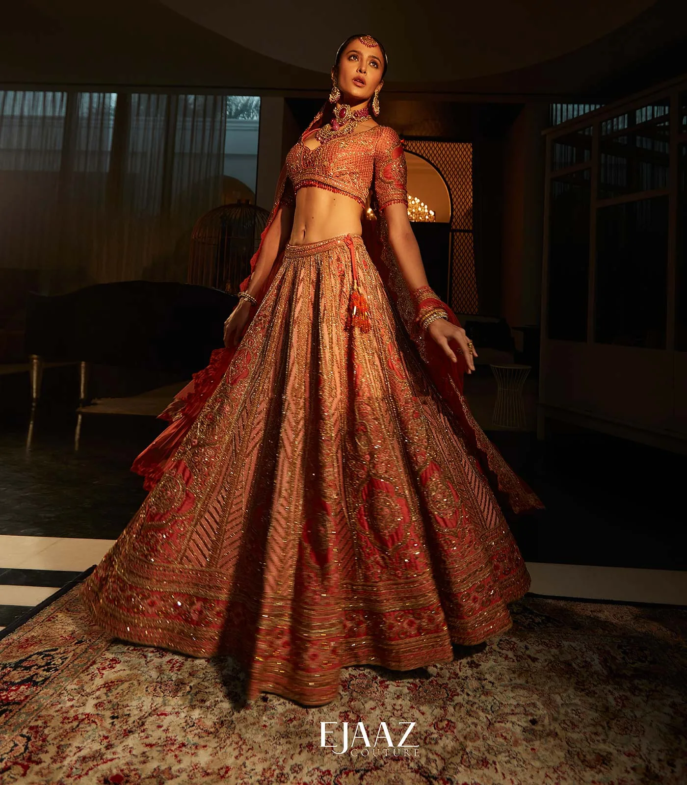 Coral Lehenga Set by Mukul Arora