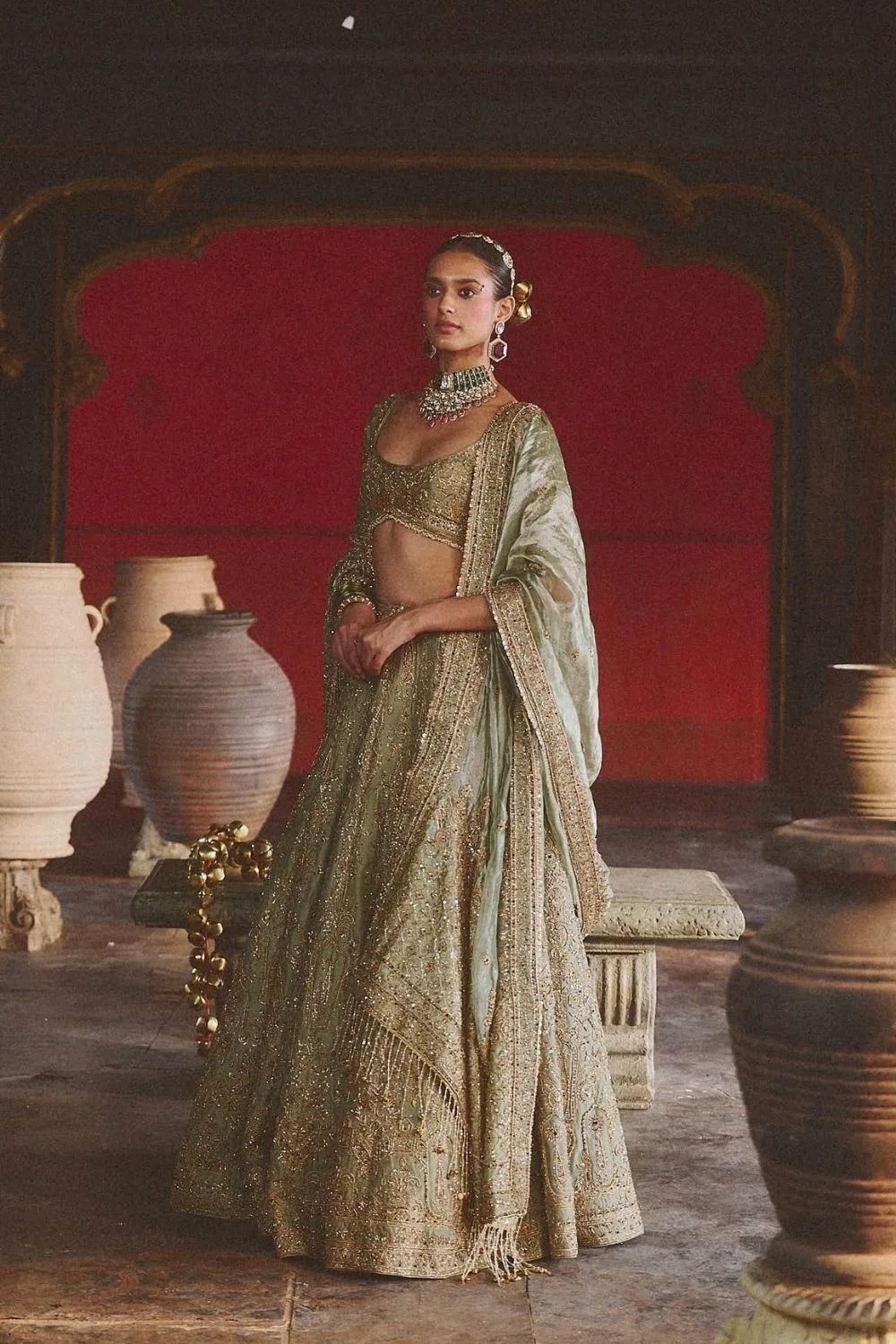 Aradhya Lehenga Set by Jigar Mali in sage, view 3
