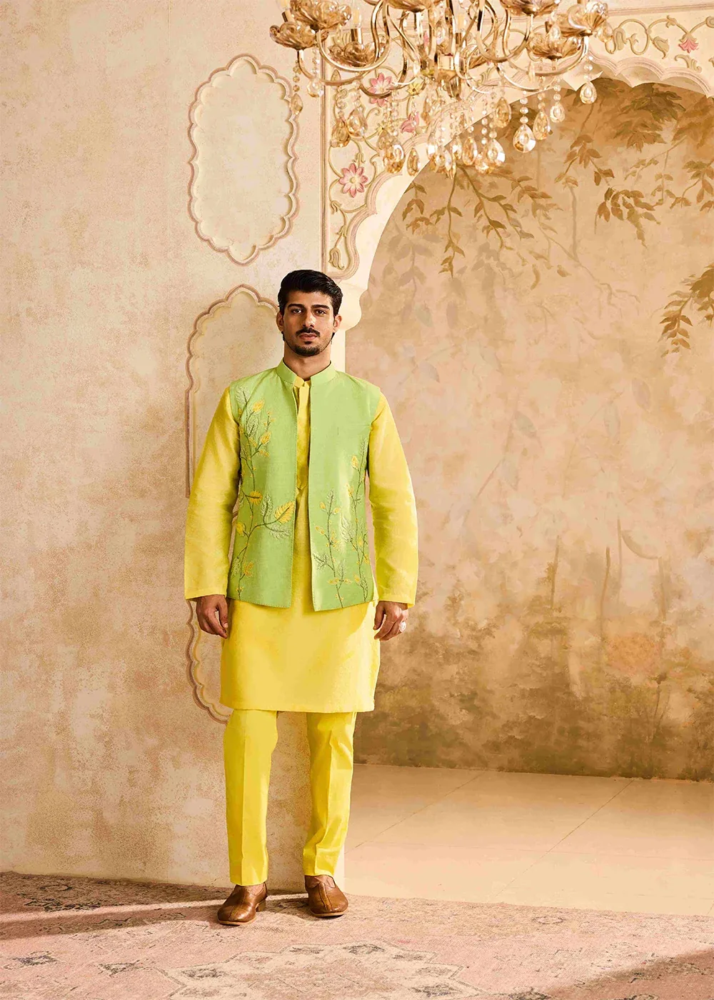 Green Yellow Bundi Floral Kurta Pant by Nitika Gujral