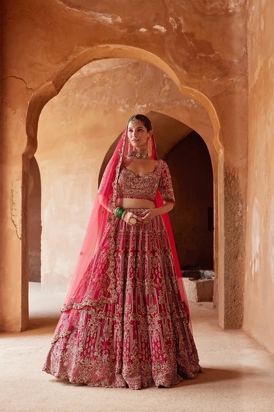 Red Dabka Lehenga by Nitika Gujral