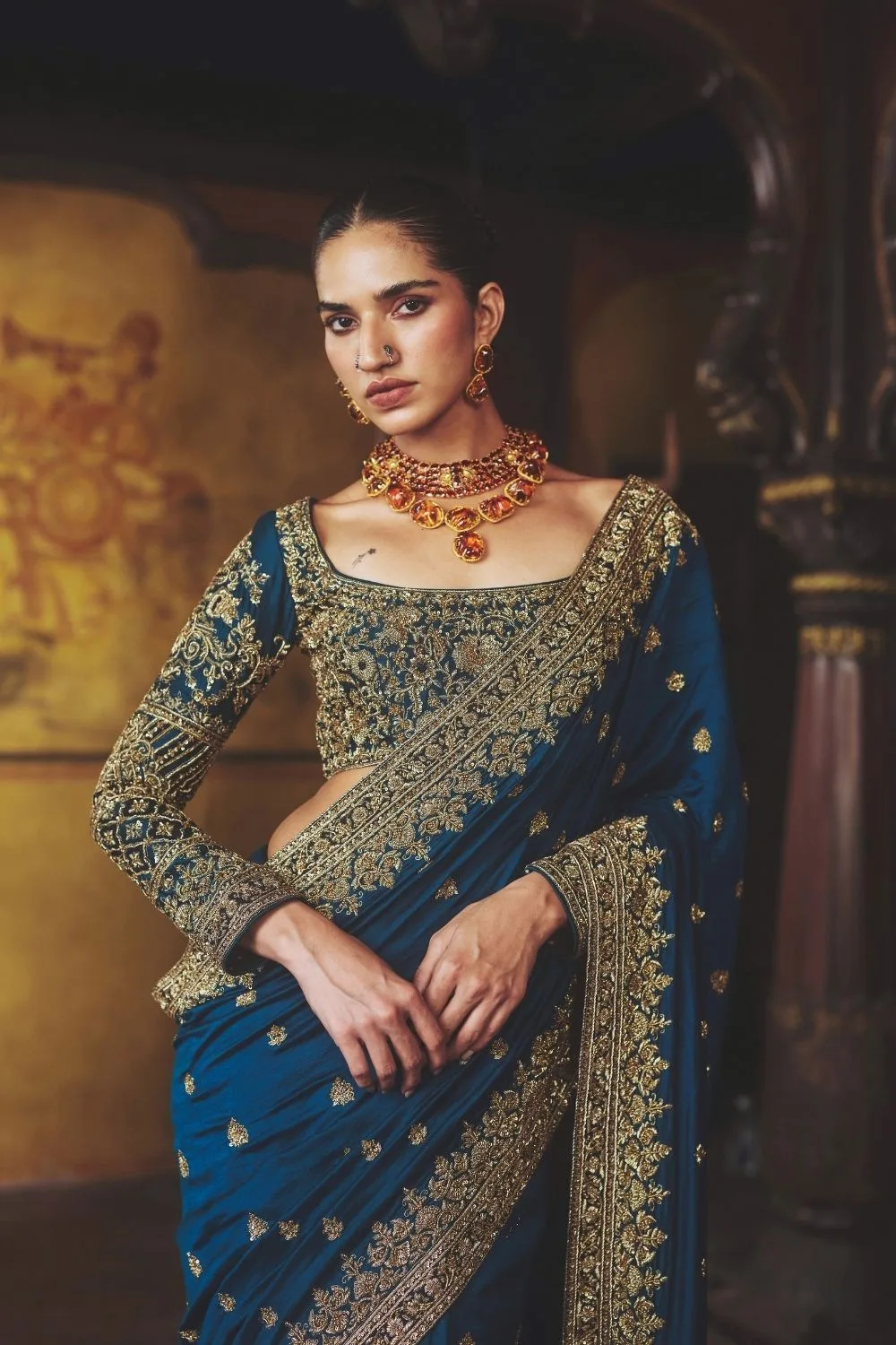 Naivedya Saree by Jigar Mali in teal blue, view 4