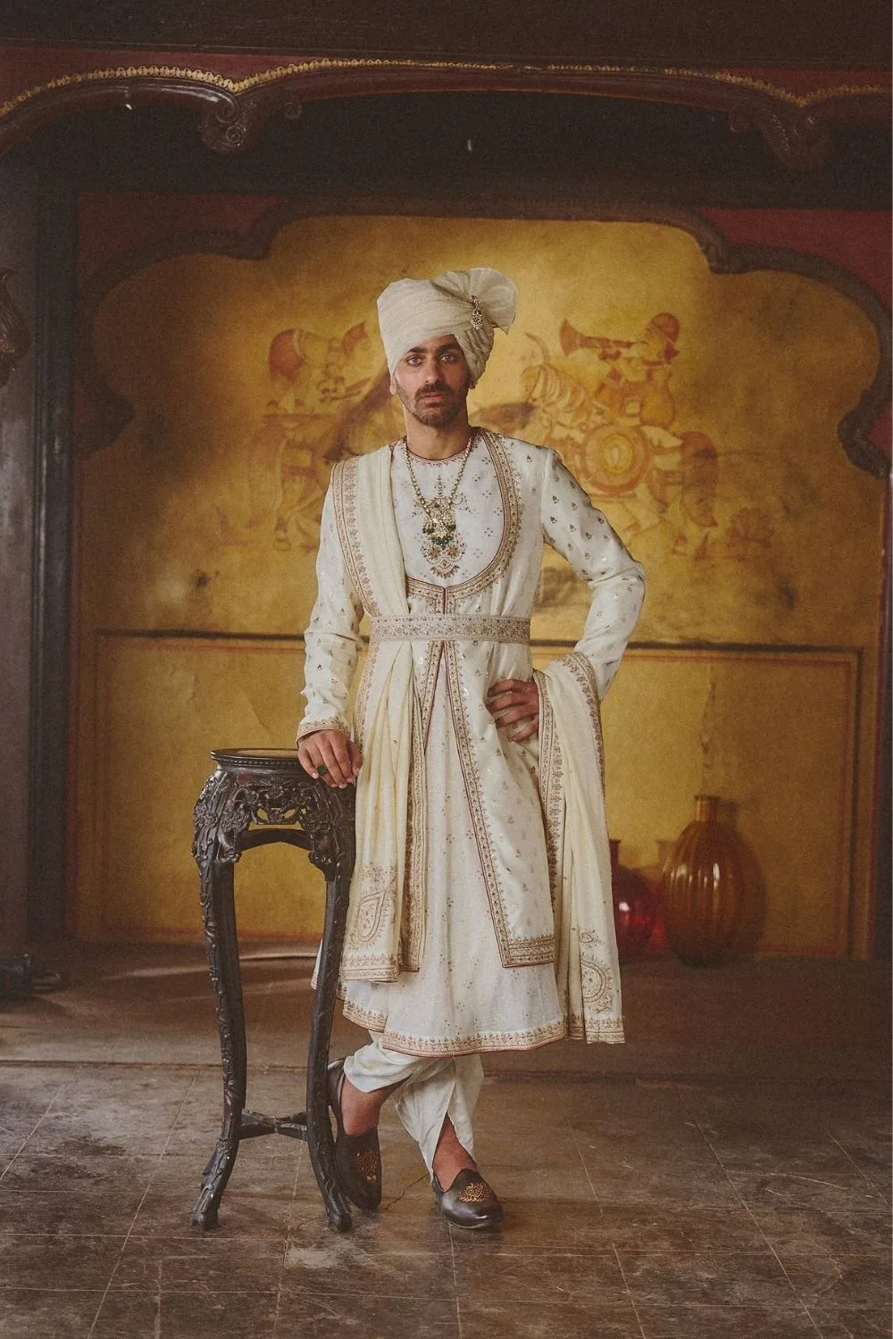 Havish Angrakha by Jigar Mali, ivory sherwani, view 2