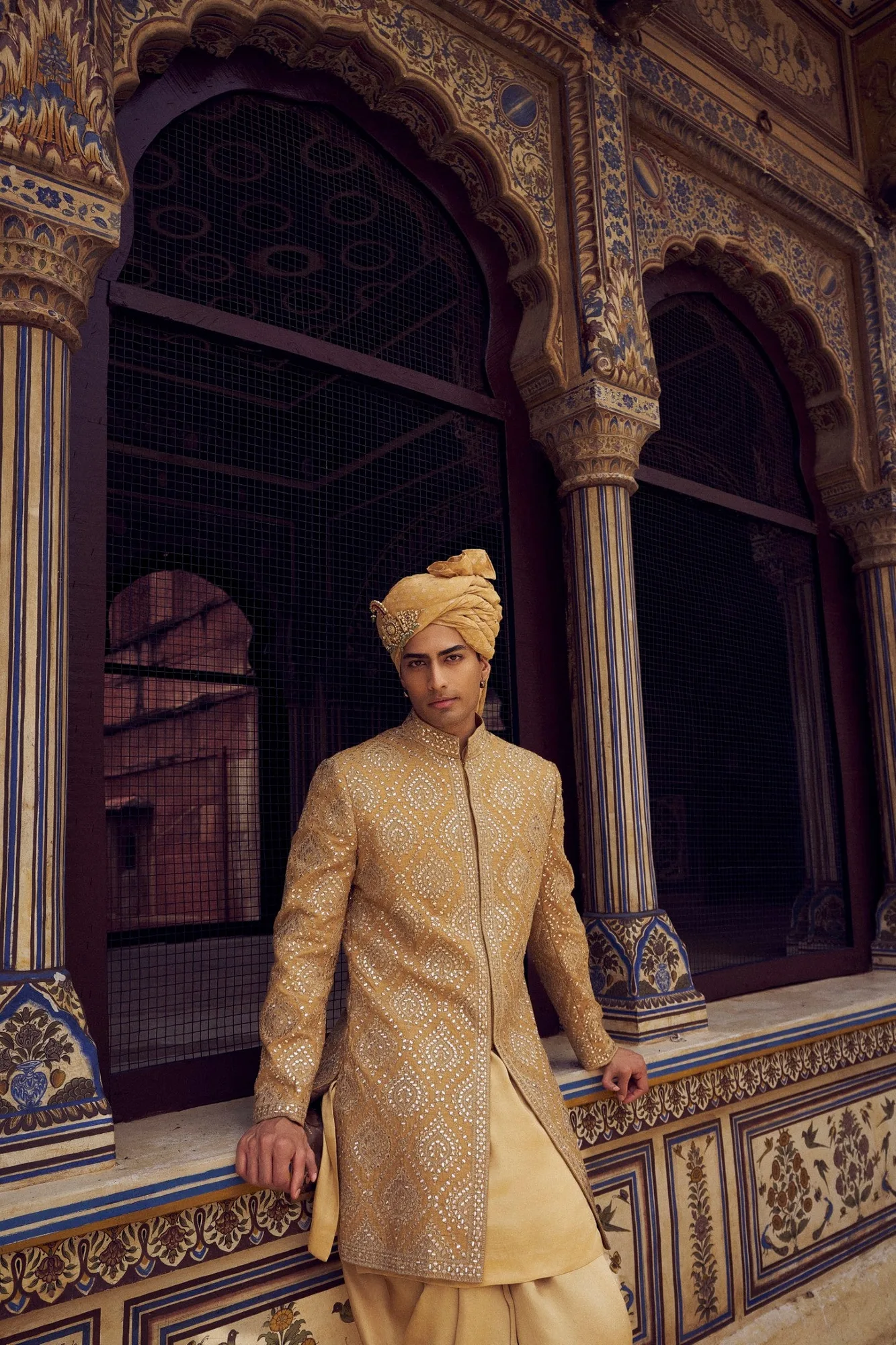 Gold Raw Silk Sherwani Set by Nitika Gujral, view 3