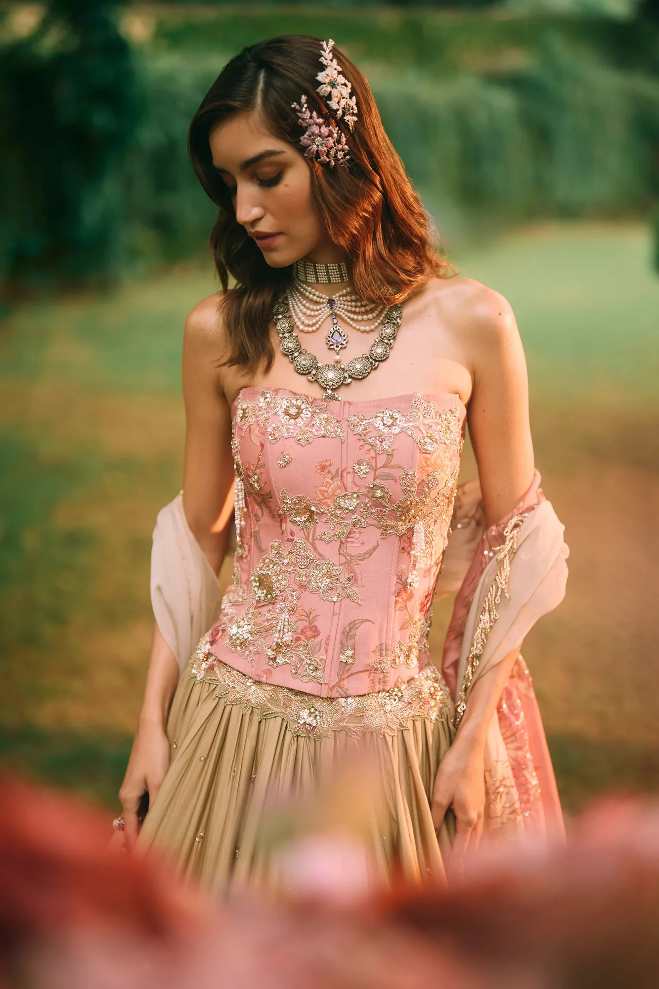Keepsake Lehenga Set by Paulmi And Harsh in olive, view 3