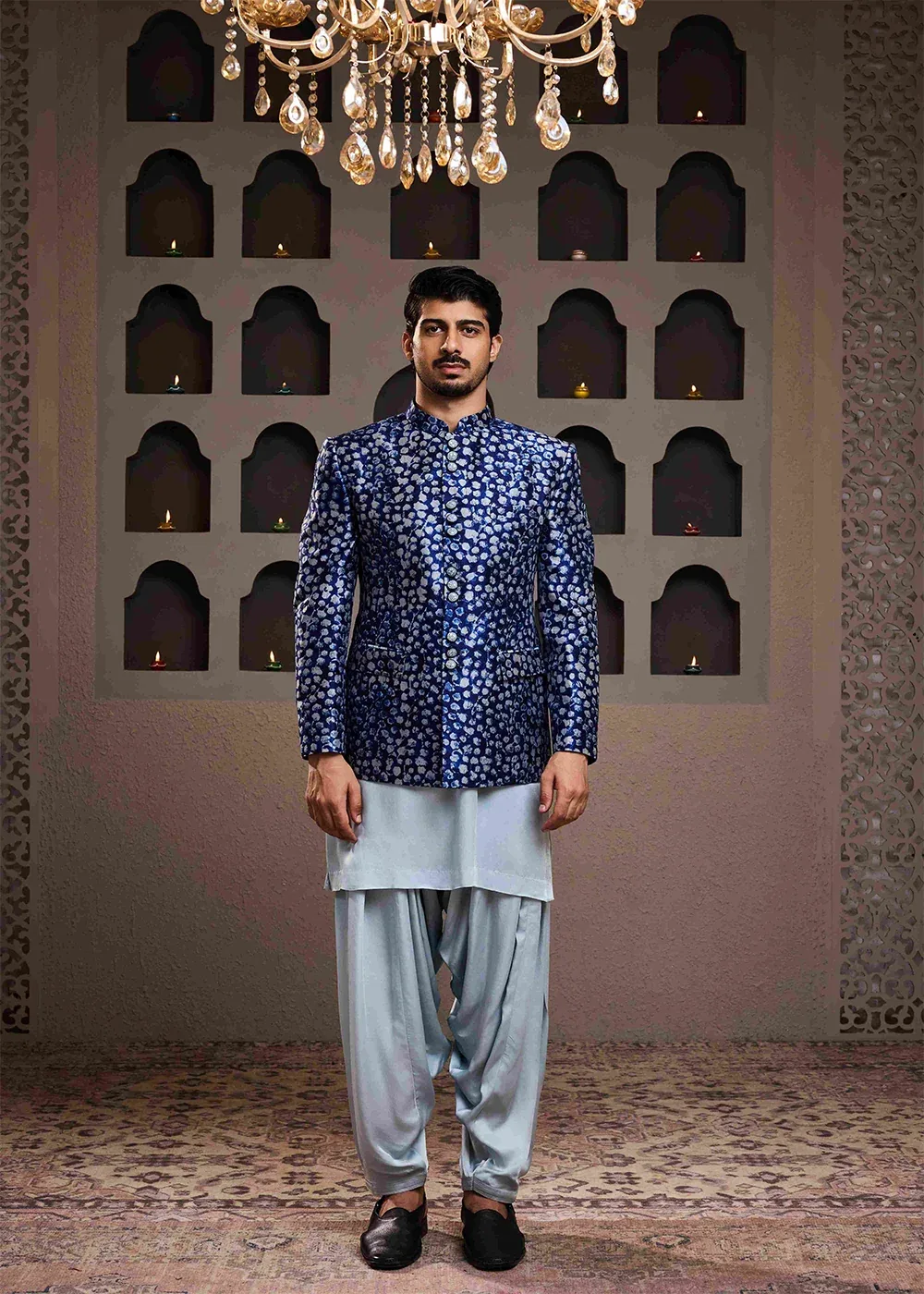 Indigo Printed Short Jacket Kurta Patiyala Salwar by Nitika Gujral
