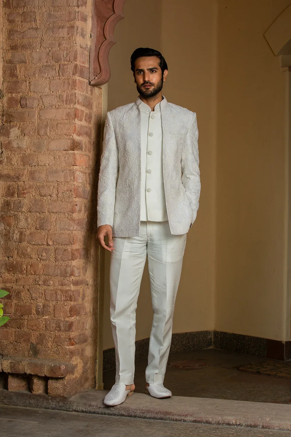 Ivory Raw Silk Short Embroidered Jacket with Vest and Pant by Nitika Gujral