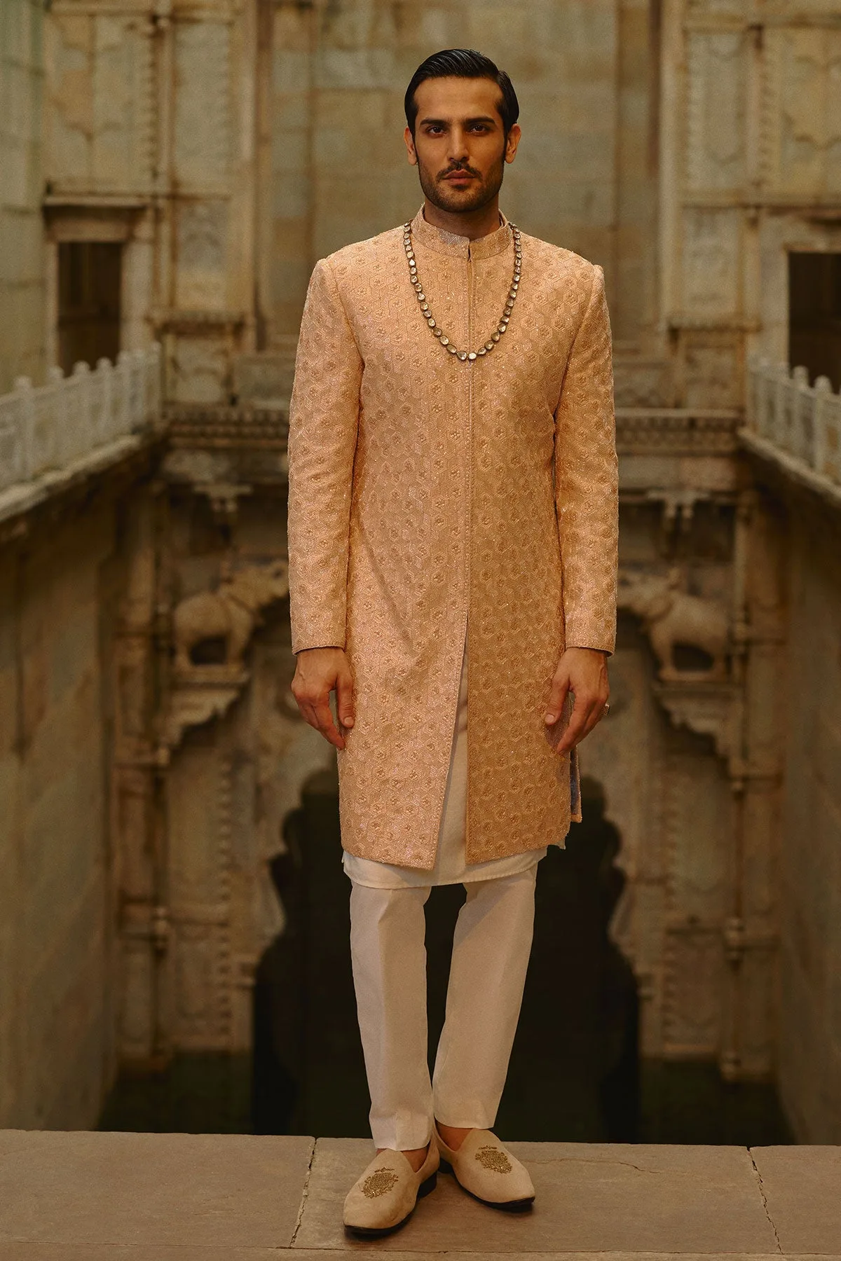 Peach Geometric Sherwani Set by Nitika Gujral
