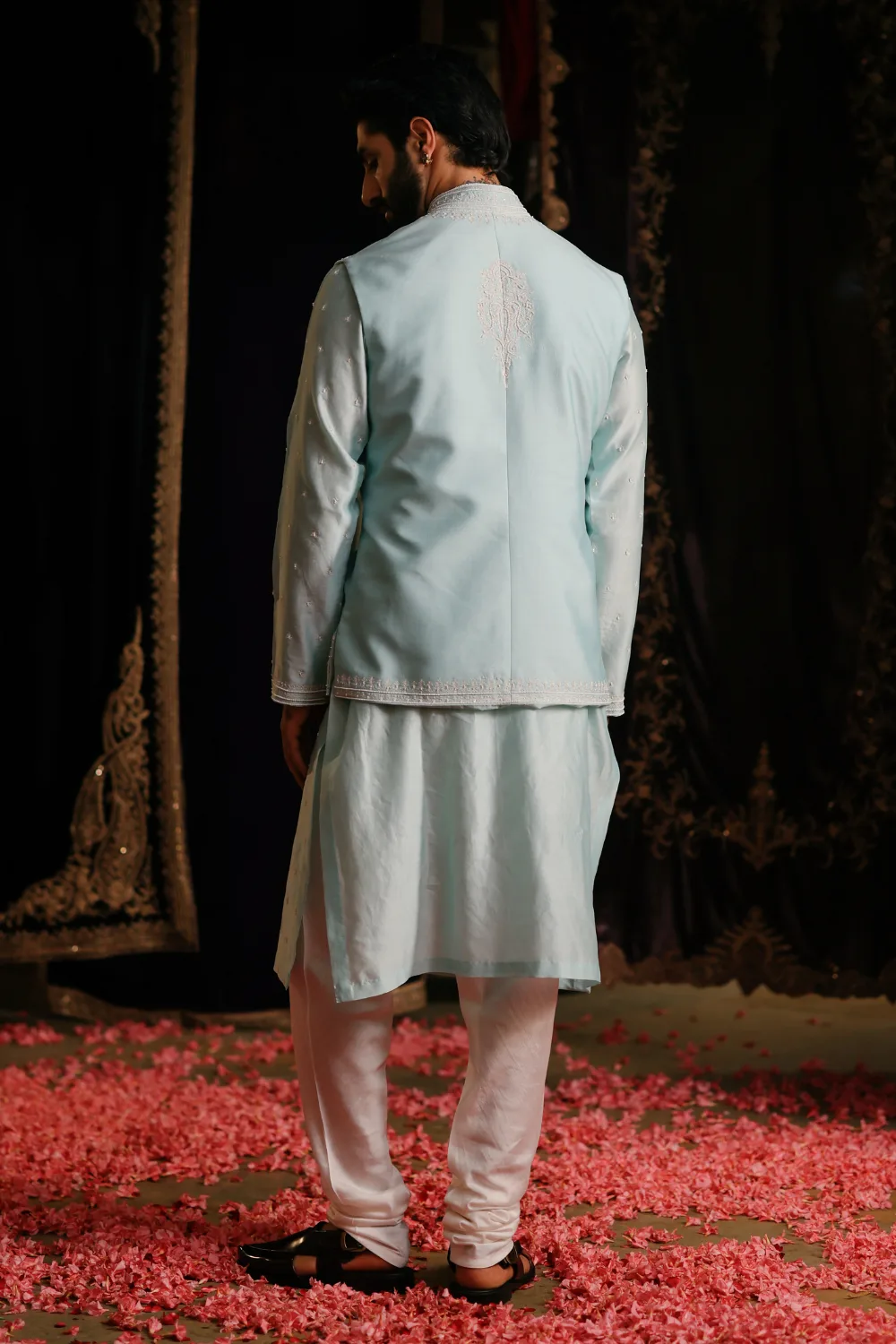 Junaid Jacket Set by Jigar Mali in aqua blue, view 3