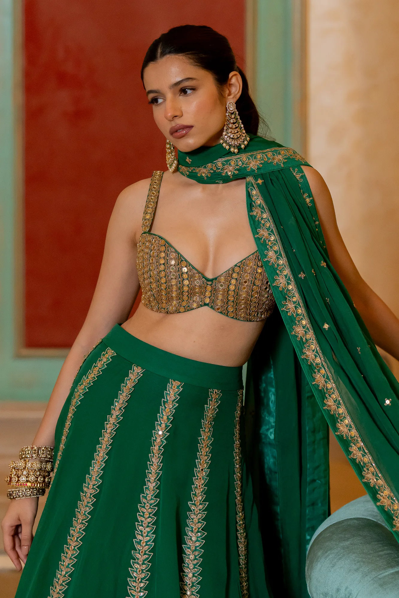 Kimiko Lehenga Set by Paulmi And Harsh in emerald green, view 3