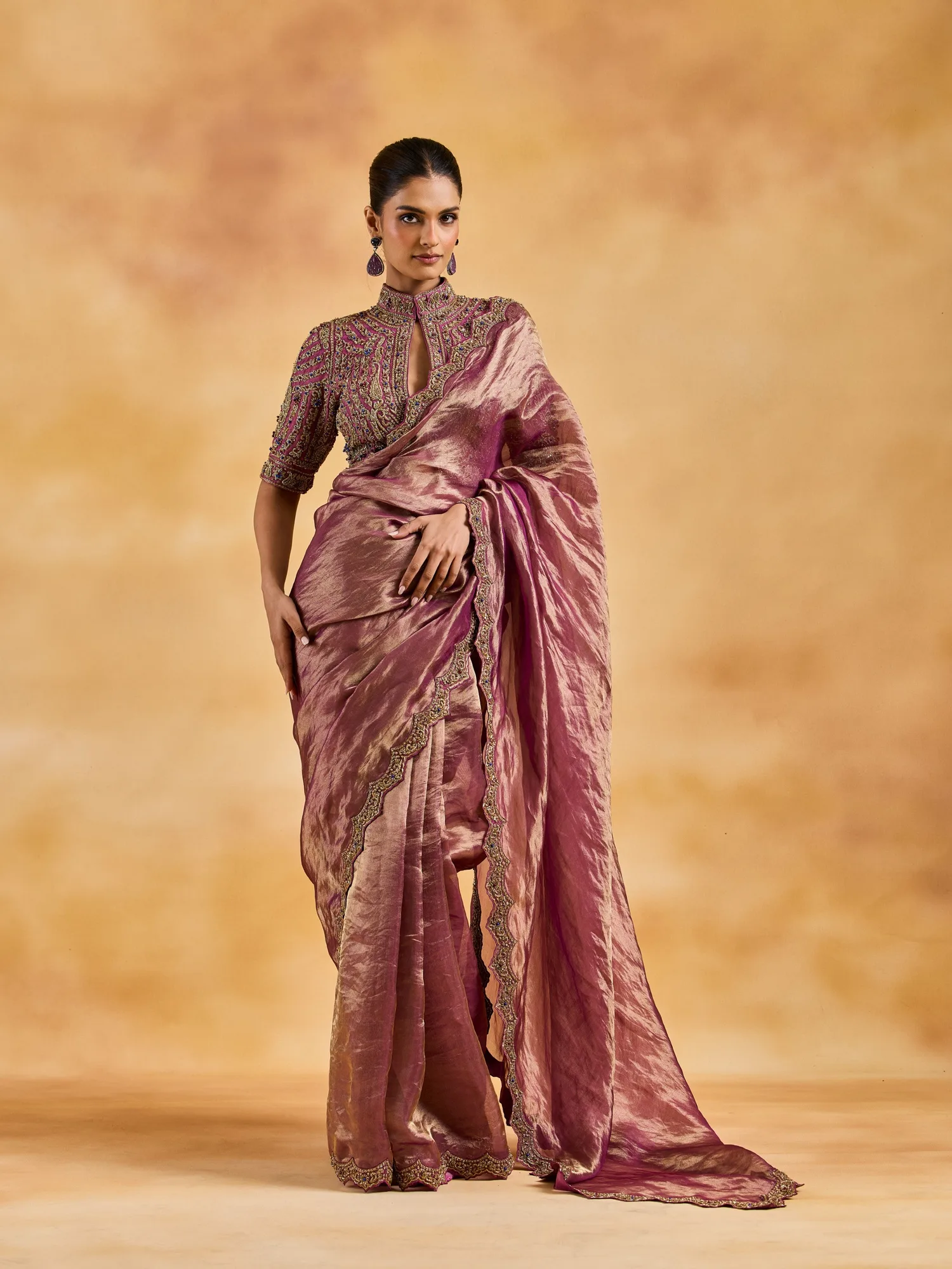 Purple Benarsi tissue saree with Antique Zardozi embroidery by Nitika Gujral