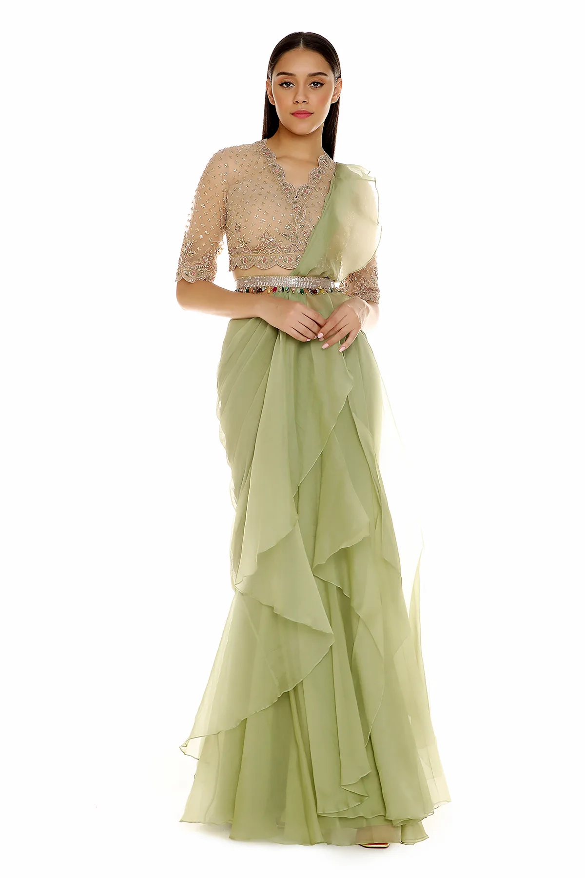 Alaya in Ula by Ridhi Mehra, champagne sari, view 3
