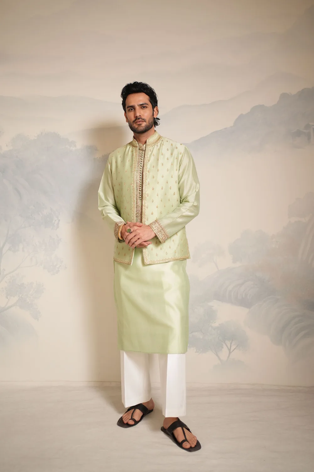 Madhav Bandi Set by Jigar Mali in sage green, view 2