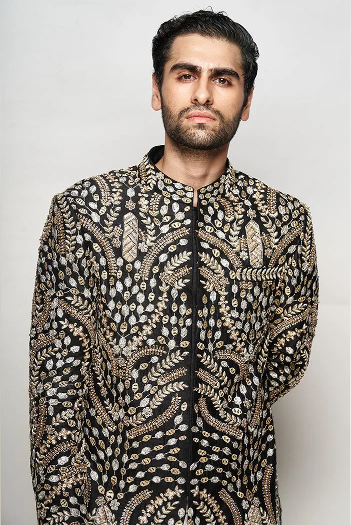 PS Men Kabir Black Colour Embroidered Sherwani with Off White Colour Pants by Payal Singhal, view 3