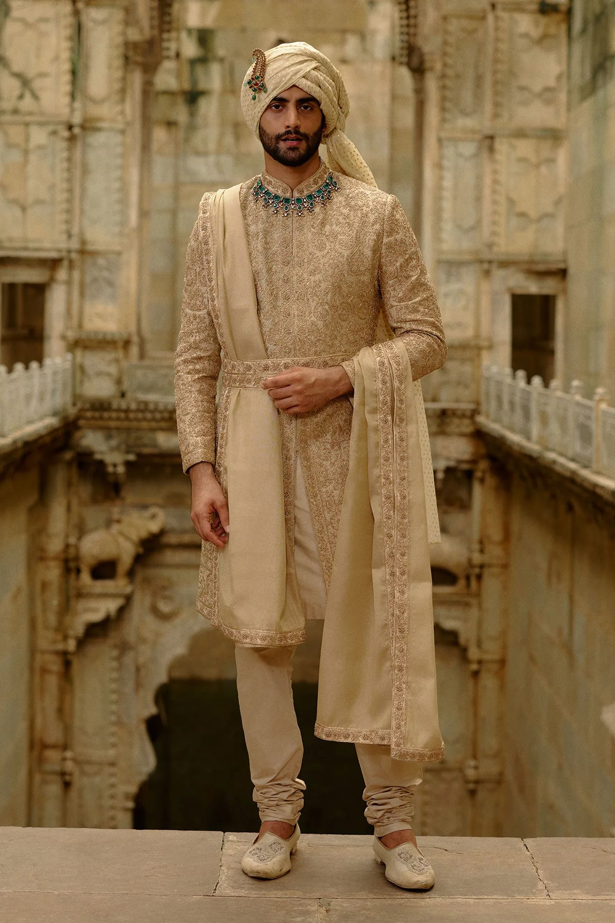 Gold Benarasi Sherwani Set by Nitika Gujral
