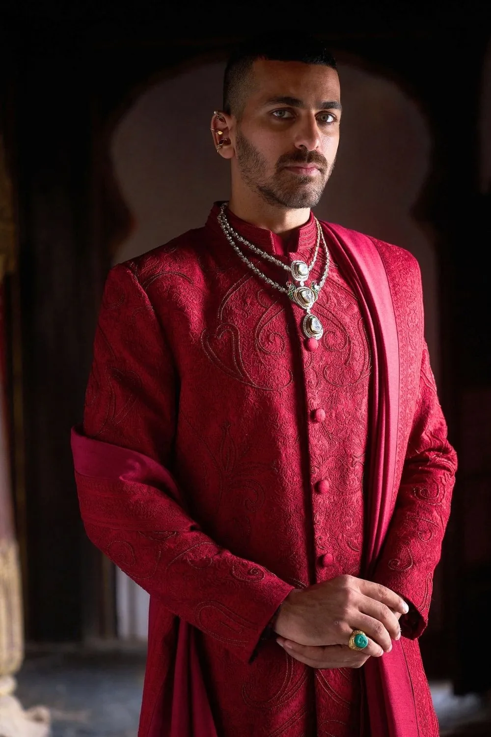 Paavak Sherwani by Jigar Mali in maroon, view 2