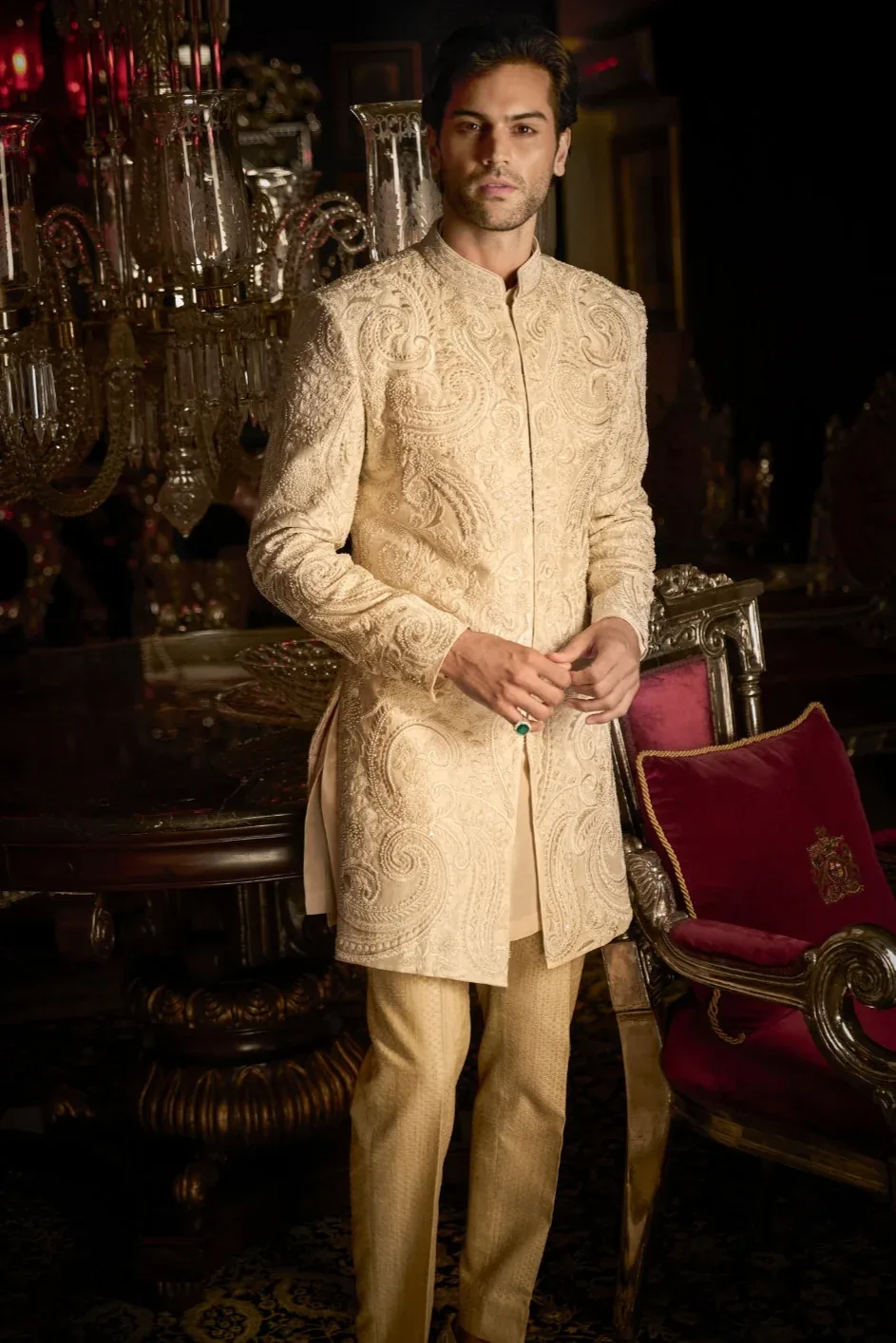 Cream Abstract Sherwani Set by Seema Gujral